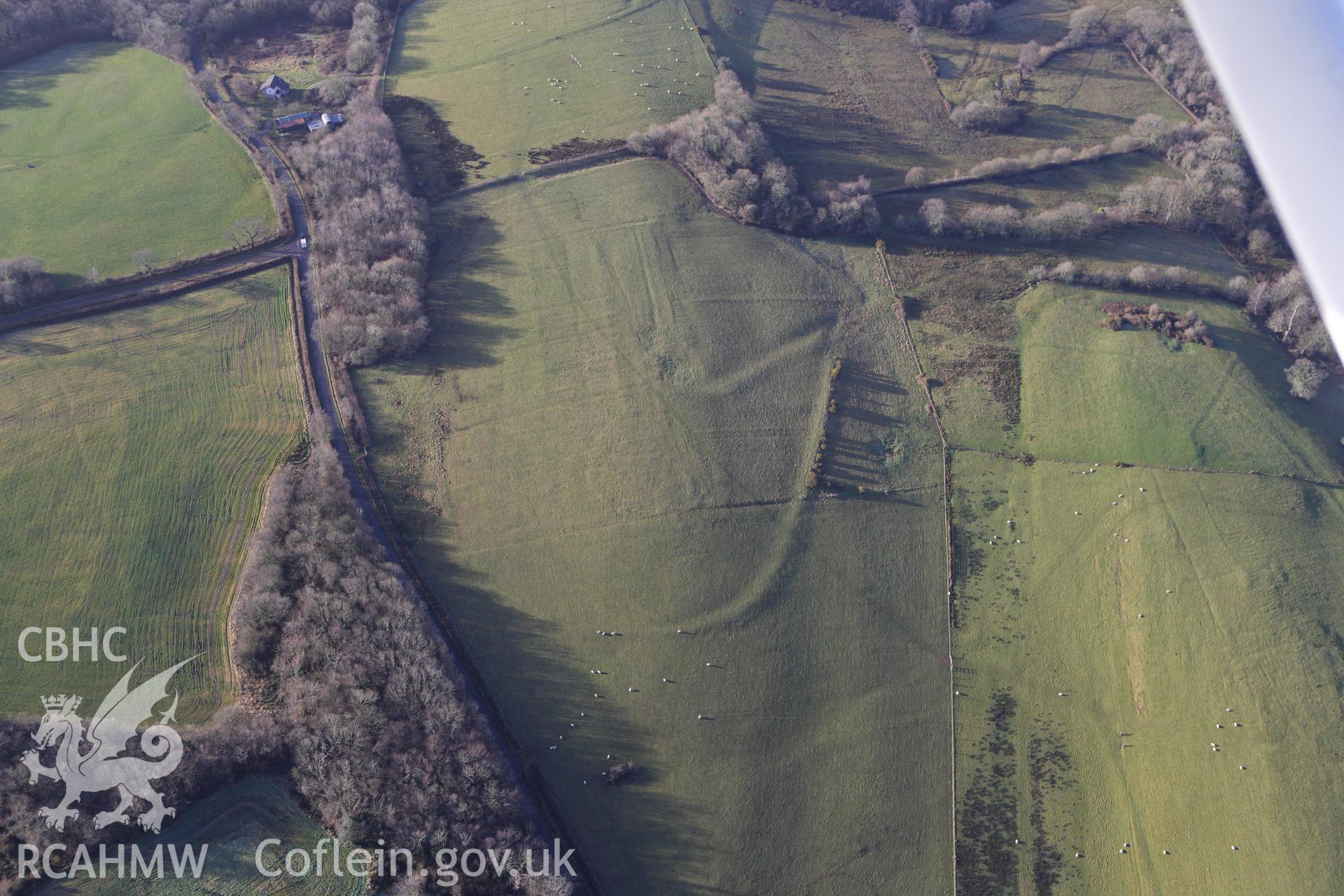 RCAHMW colour oblique photograph of linear earthworks, possibly trackways, north of Allt Goch Lodge, Llanarthney. Taken by Toby Driver on 27/01/2012.