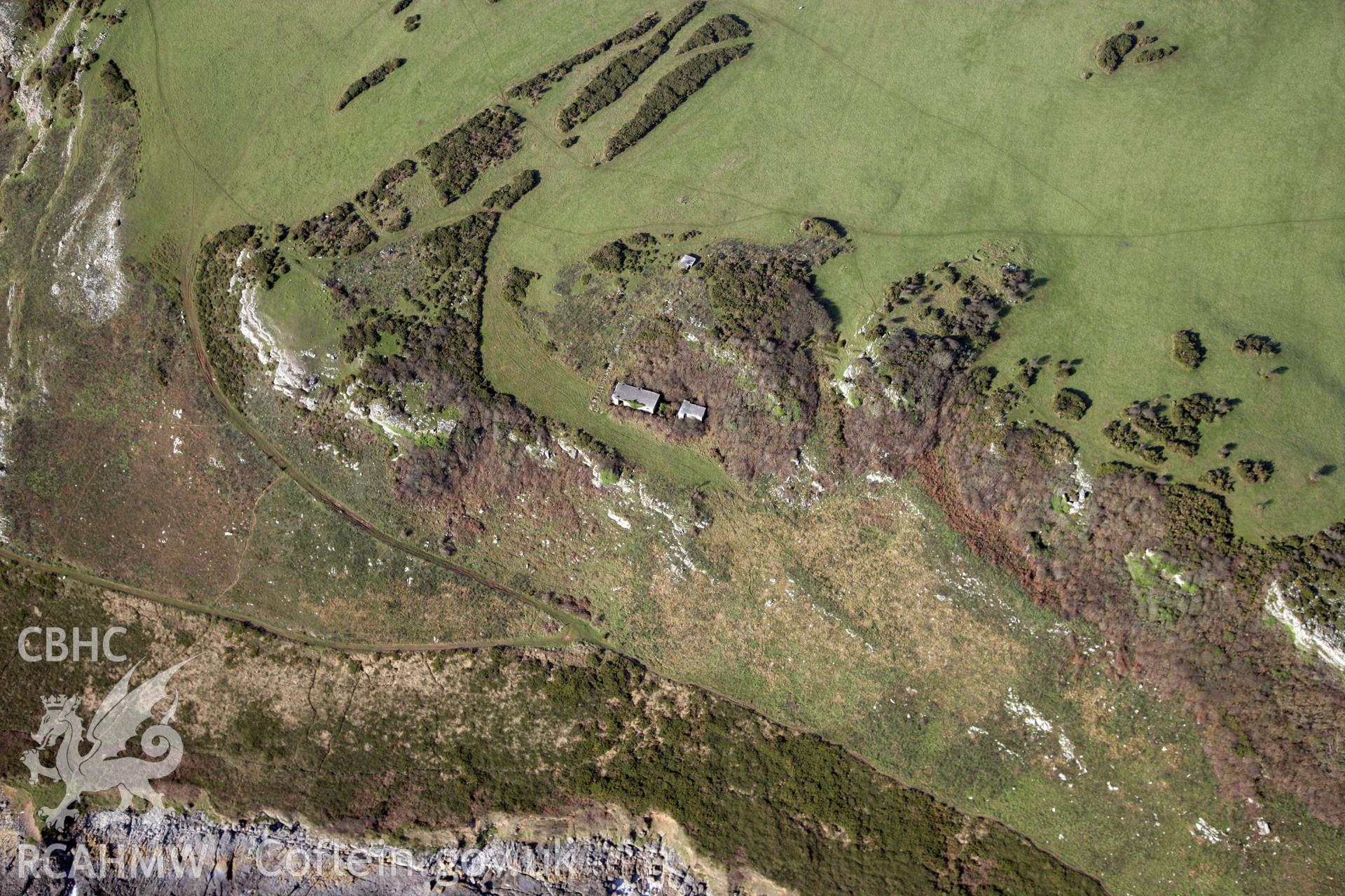 RCAHMW colour oblique photograph of Oxwich Bay Coast Defence; Chain Home Low Radar Station. Taken by Toby Driver on 02/02/2012.