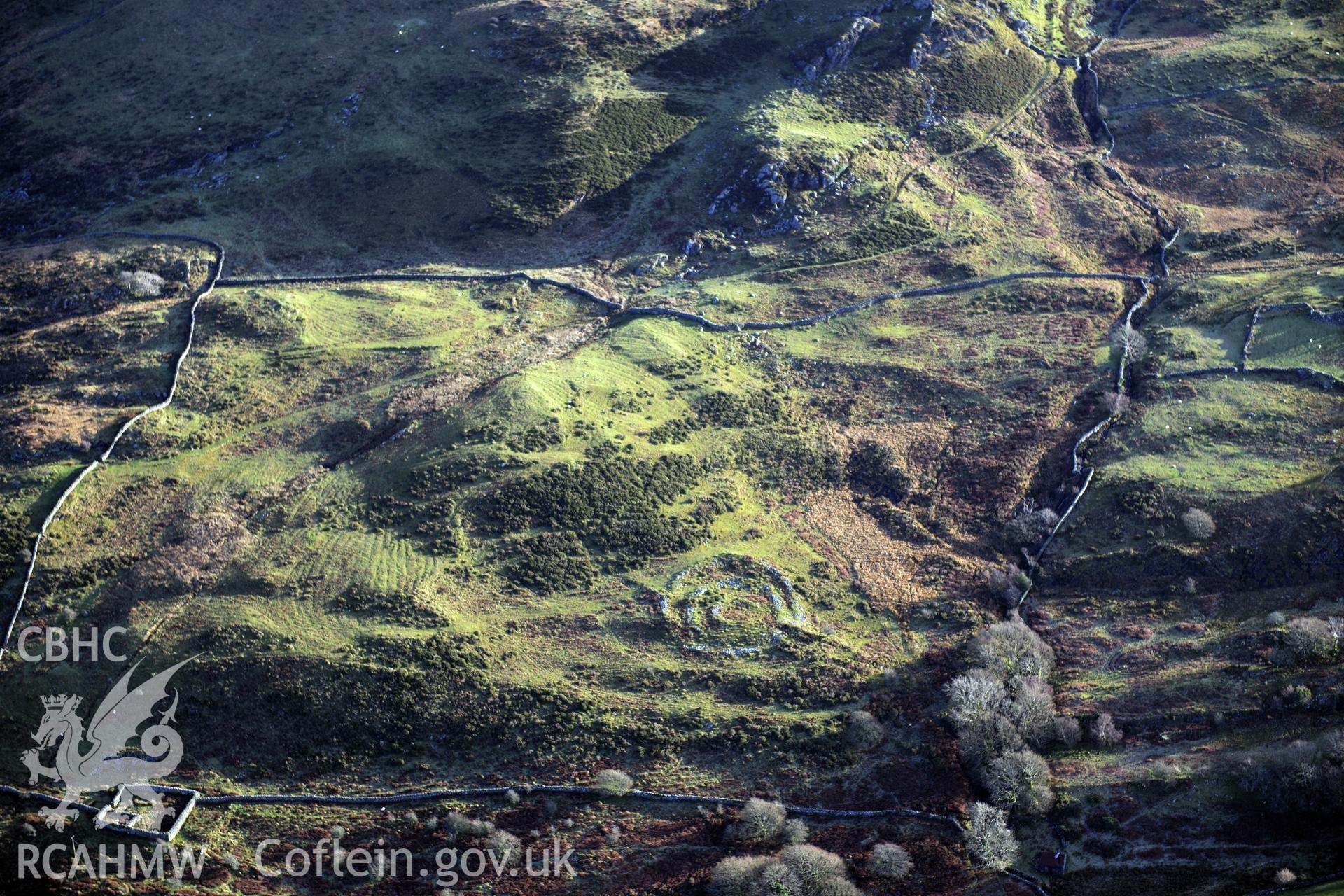 RCAHMW colour oblique photograph of Maes y Caerau homestead, and early cultivation. Taken by Toby Driver on 10/12/2012.