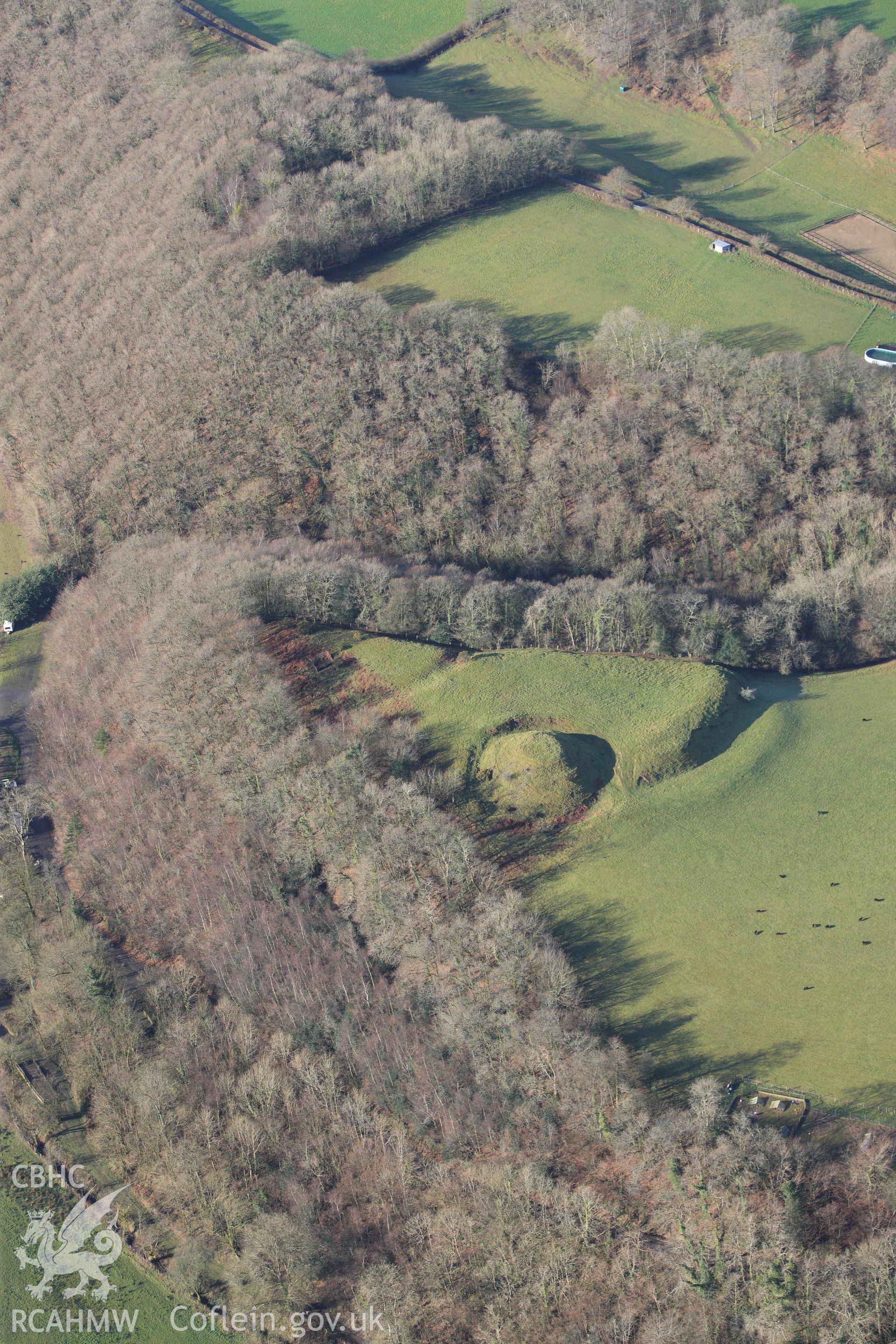 RCAHMW colour oblique photograph of Allt y Ferin, earthwork castle. Taken by Toby Driver on 27/01/2012.