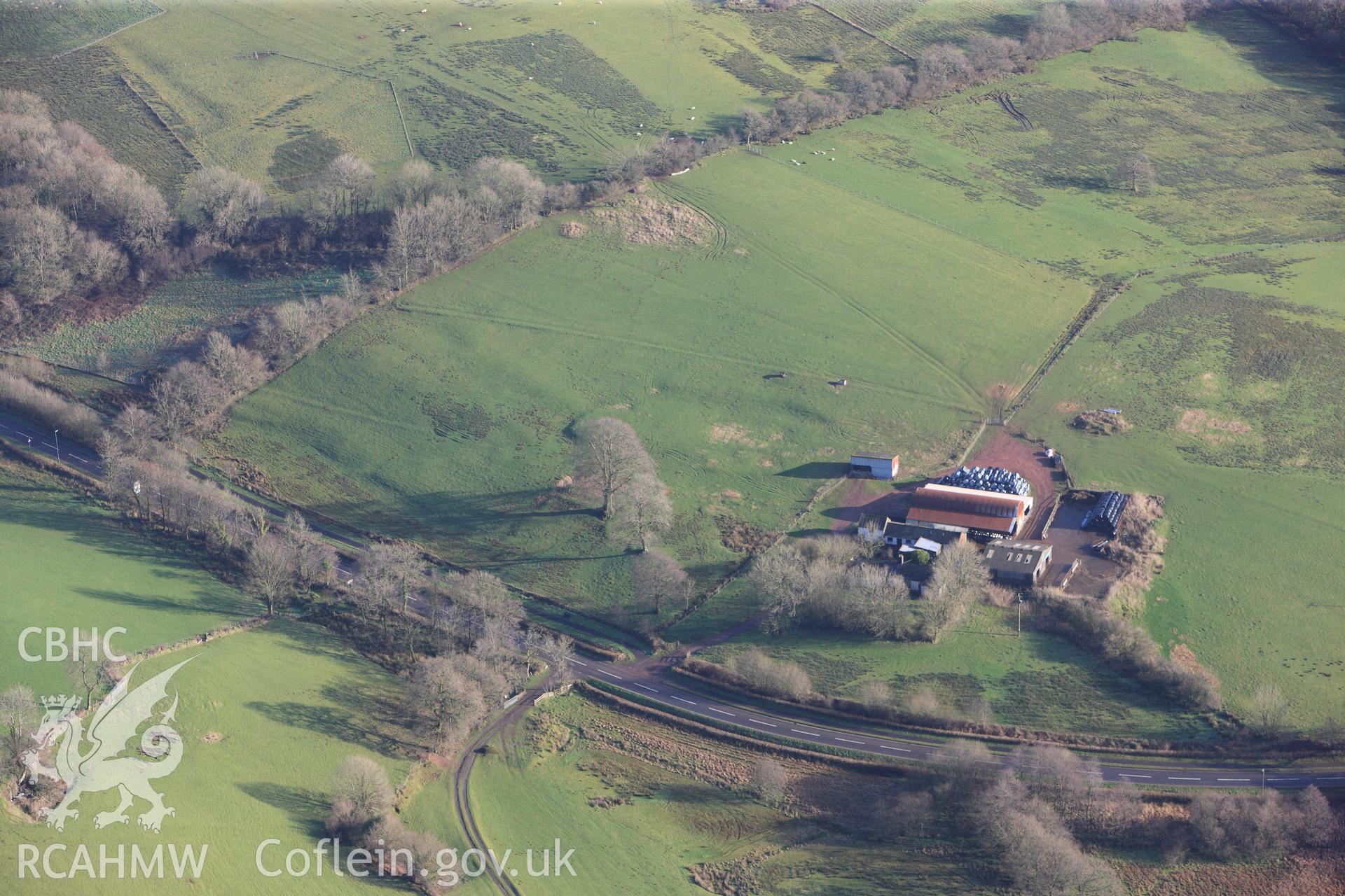 RCAHMW colour oblique photograph of Gorswen, earthworks of deserted farmstead. Taken by Toby Driver on 27/01/2012.