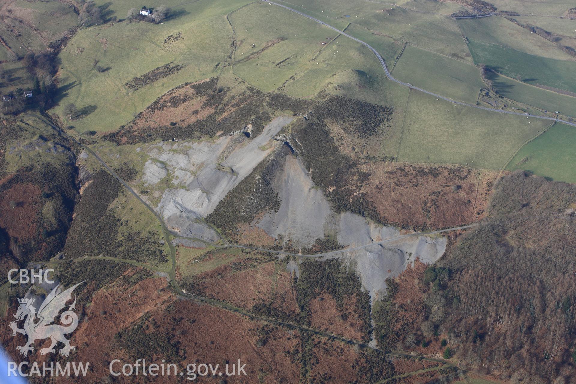 RCAHMW colour oblique photograph of Grogwynion Lead Mine (Bottom) & Enclosure (Top Right). Taken by Toby Driver on 07/02/2012.