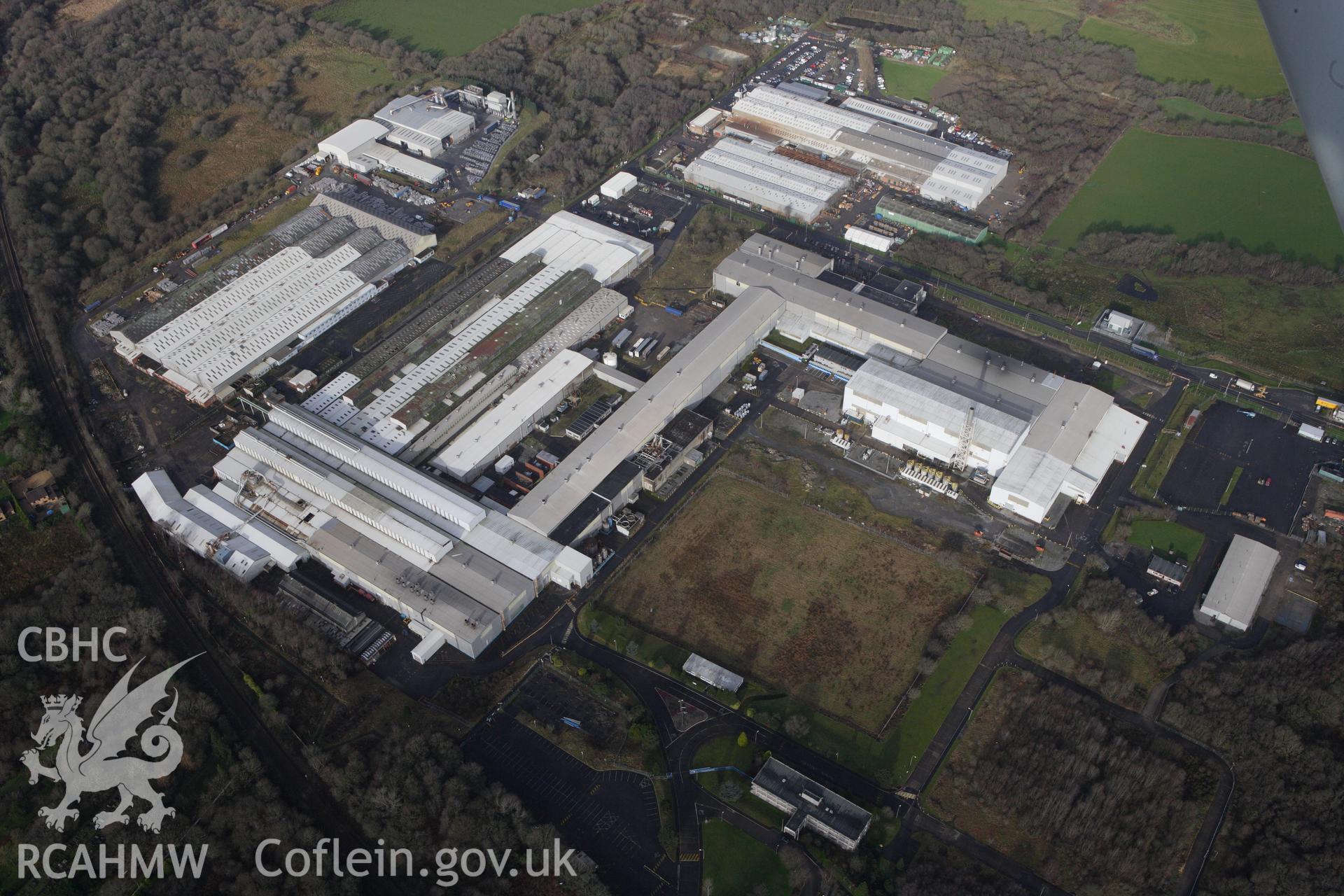 RCAHMW colour oblique photograph of ICI Metal Works (Alcoa Factory), Waunarlwydd, Gowerton. Taken by Toby Driver on 27/01/2012.