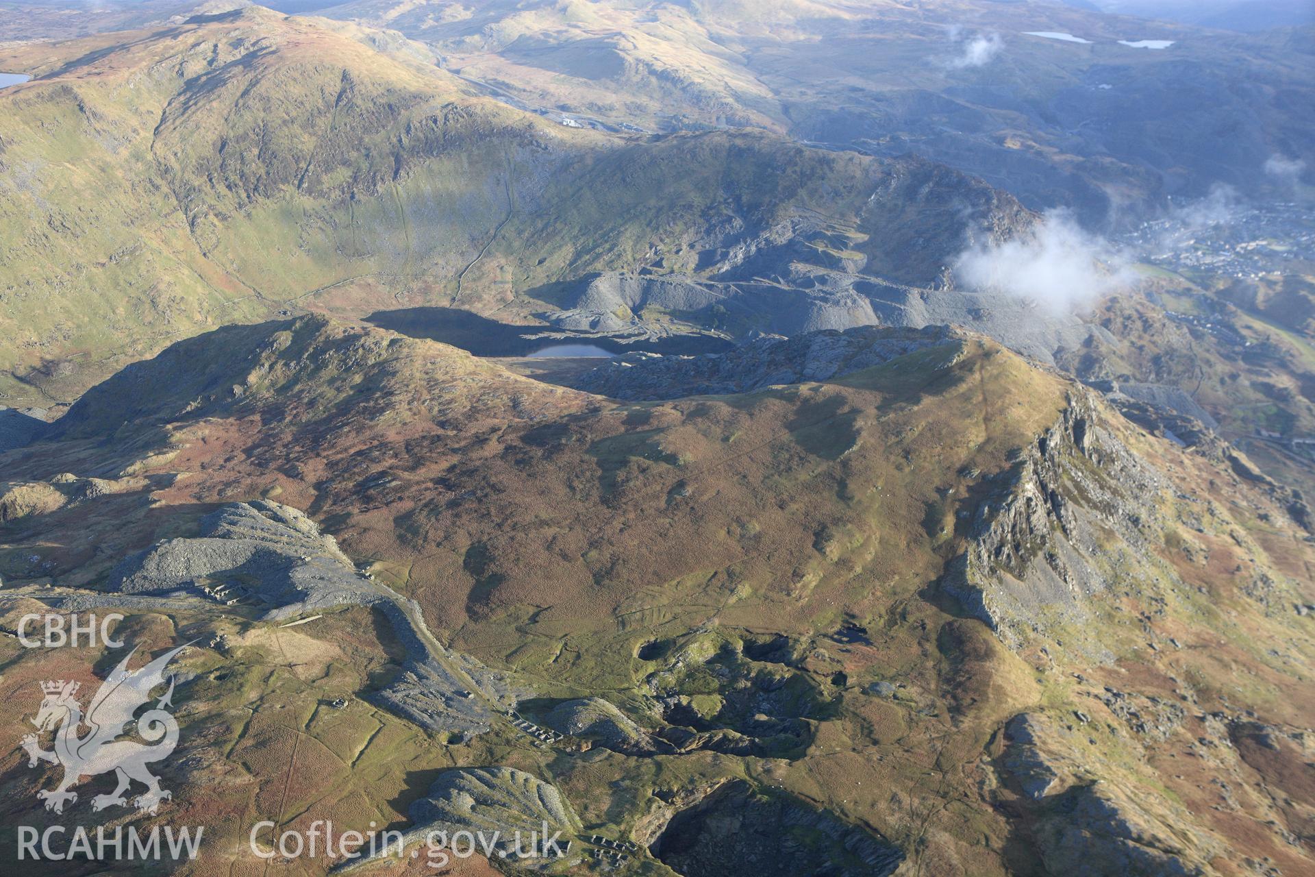 RCAHMW colour oblique photograph of Rhosydd slate quarry, panorama of upper workings, towards Cwmorthin. Taken by Toby Driver on 13/01/2012.