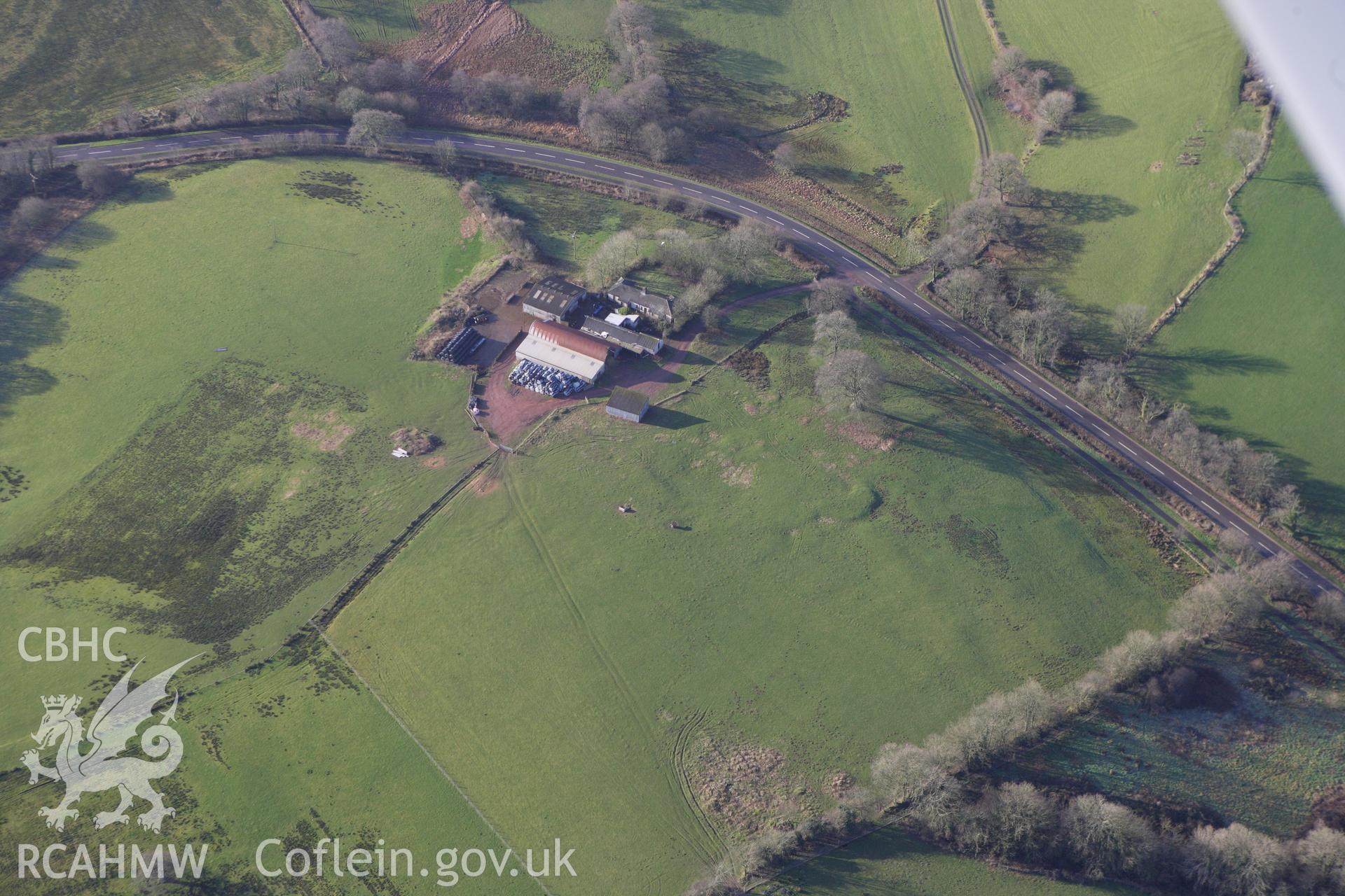 RCAHMW colour oblique photograph of Gorswen, earthworks of deserted farmstead. Taken by Toby Driver on 27/01/2012.