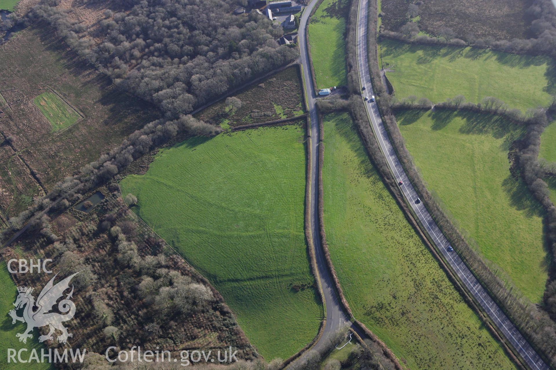 RCAHMW colour oblique photograph of Pengawse Medieval House Site. Taken by Toby Driver on 27/01/2012.