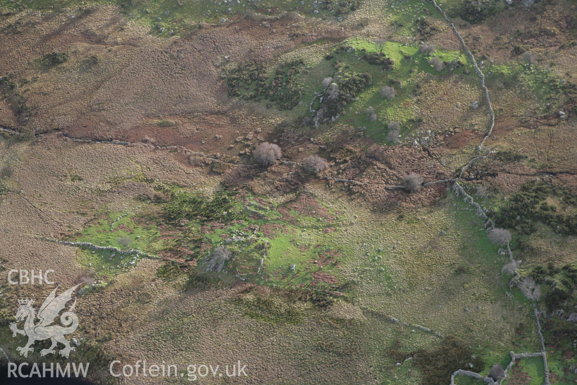 RCAHMW colour oblique photograph of Hafod y Garreg deserted rural settlement. Taken by Toby Driver on 13/01/2012.