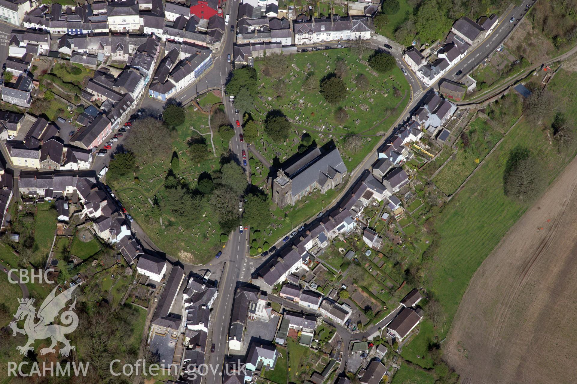 RCAHMW colour oblique photograph of St Teilo's Church, Llandeilo. Taken by Toby Driver and Oliver Davies on 28/03/2012.