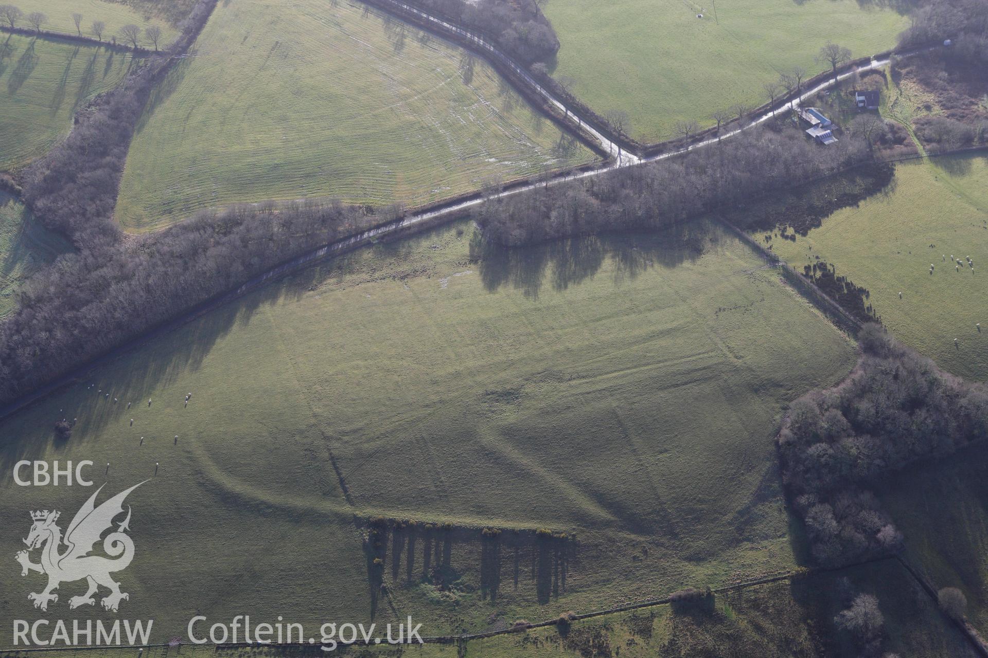 RCAHMW colour oblique photograph of linear earthworks, possibly trackways, north of Allt Goch Lodge, Llanarthney. Taken by Toby Driver on 27/01/2012.