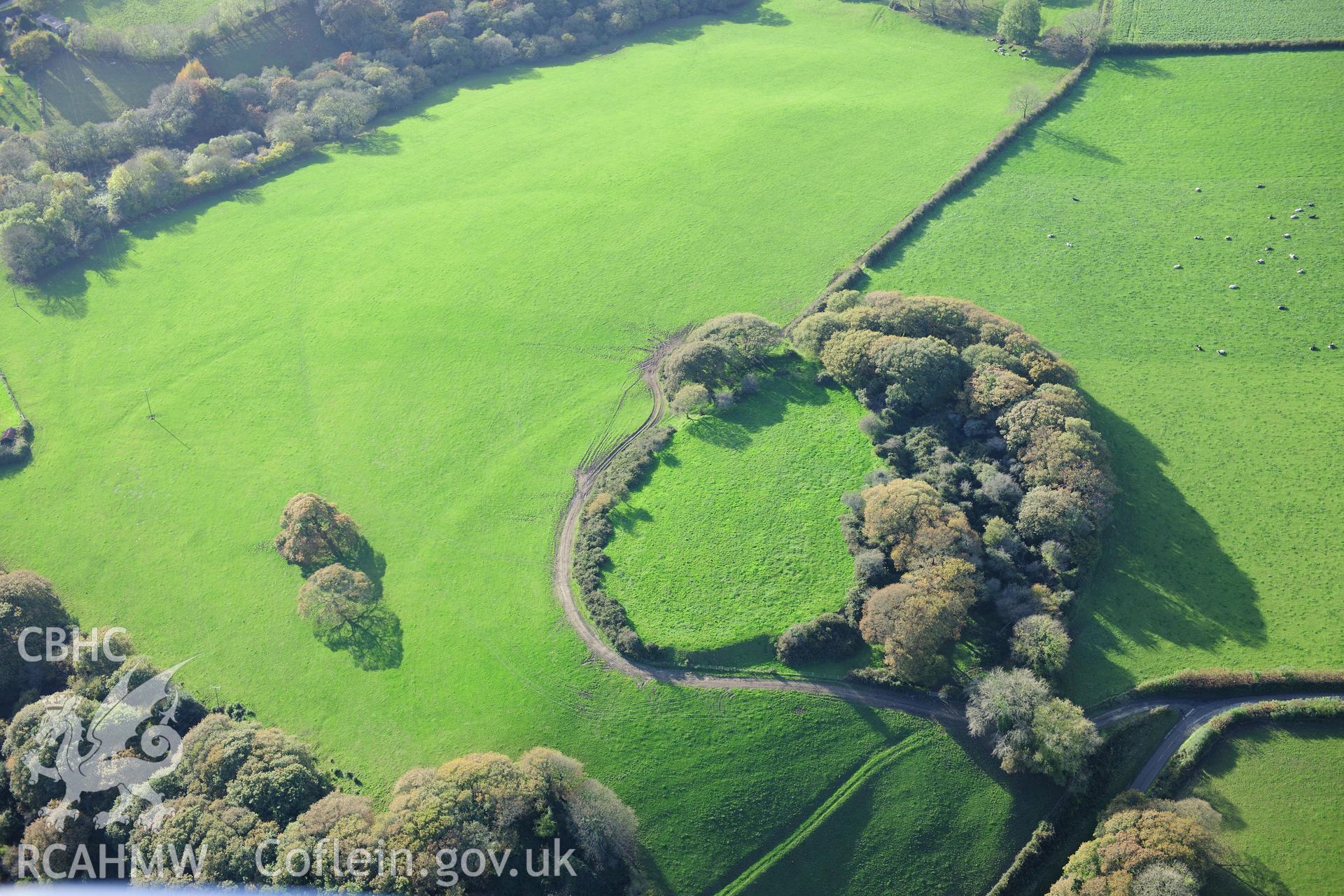 RCAHMW colour oblique photograph of   Castell Cymer, Castell Rhyd-y-Brwyn, Hillfort. Taken by Toby Driver on 26/10/2012.