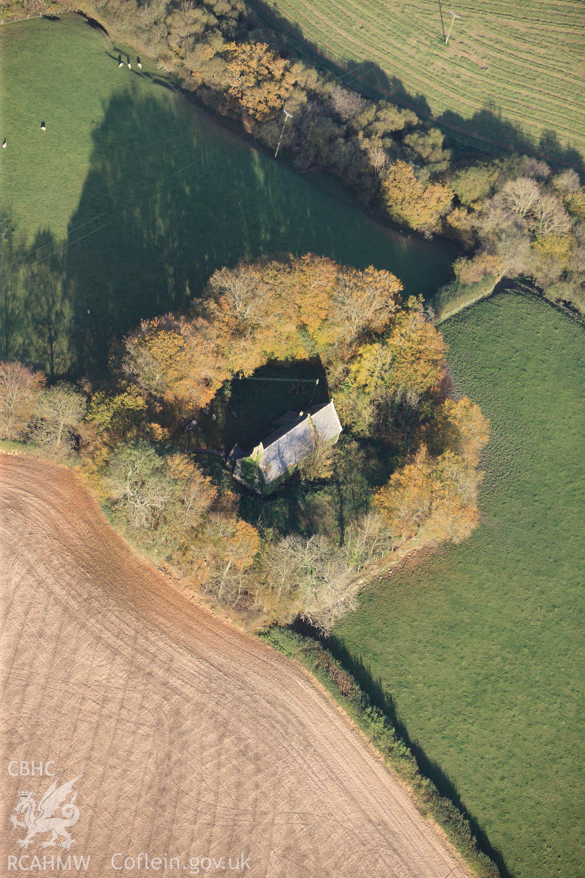 RCAHMW colour oblique photograph of Llangan Church. Taken by Toby Driver on 26/10/2012.