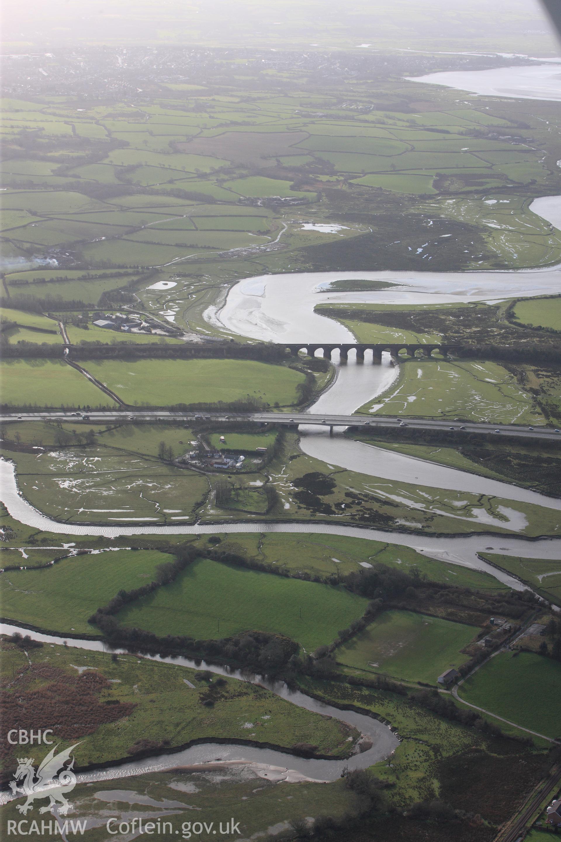 RCAHMW colour oblique photograph of Bank Llwyndomen, with Hendy Motte, looking south-west to River Loughor. Taken by Toby Driver on 27/01/2012.