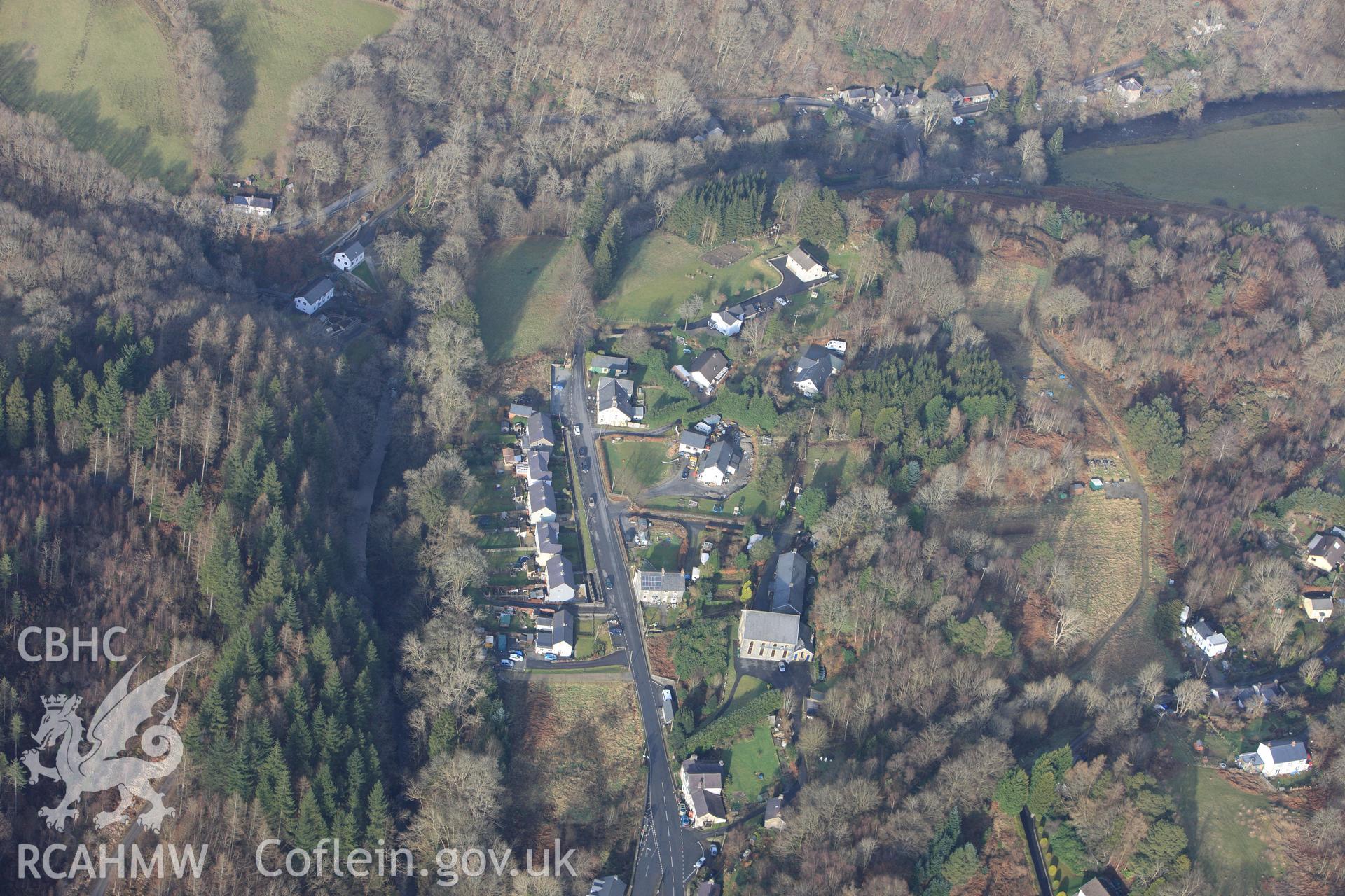 RCAHMW colour oblique photograph of Pontrhydygroes Village. Taken by Toby Driver on 07/02/2012.