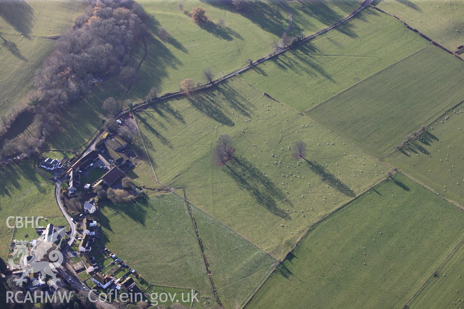 RCAHMW colour oblique photograph of LLANFRYNACH WATER MEADOWS OR DRAINAGE SYSTEM. Taken by Toby Driver on 23/11/2012.