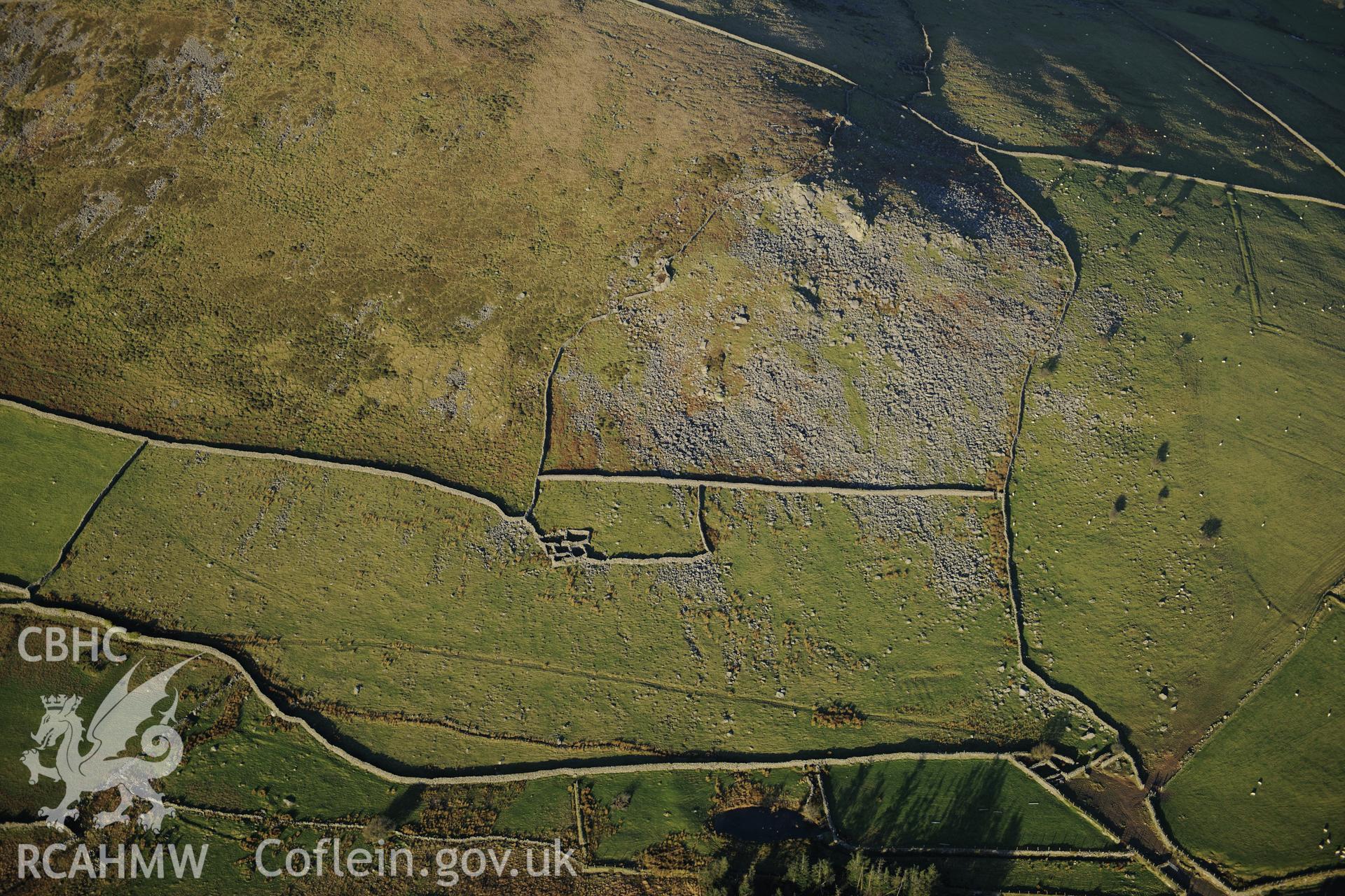 RCAHMW colour oblique photograph of Tyddyn mawr cultivation bed, and landscape. Taken by Toby Driver on 10/12/2012.