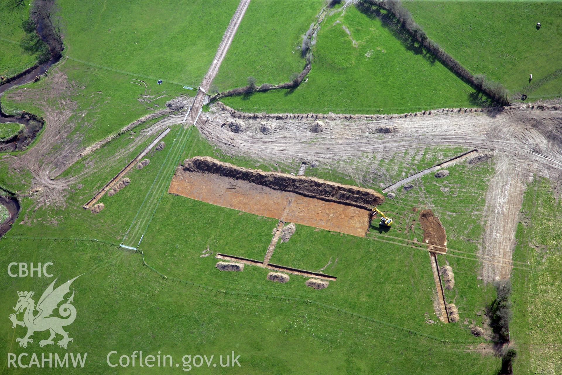 RCAHMW colour oblique photograph of A477 Bypass, Llanddowror; excavations near Castell Llanddowror. Taken by Toby Driver and Oliver Davies on 28/03/2012.