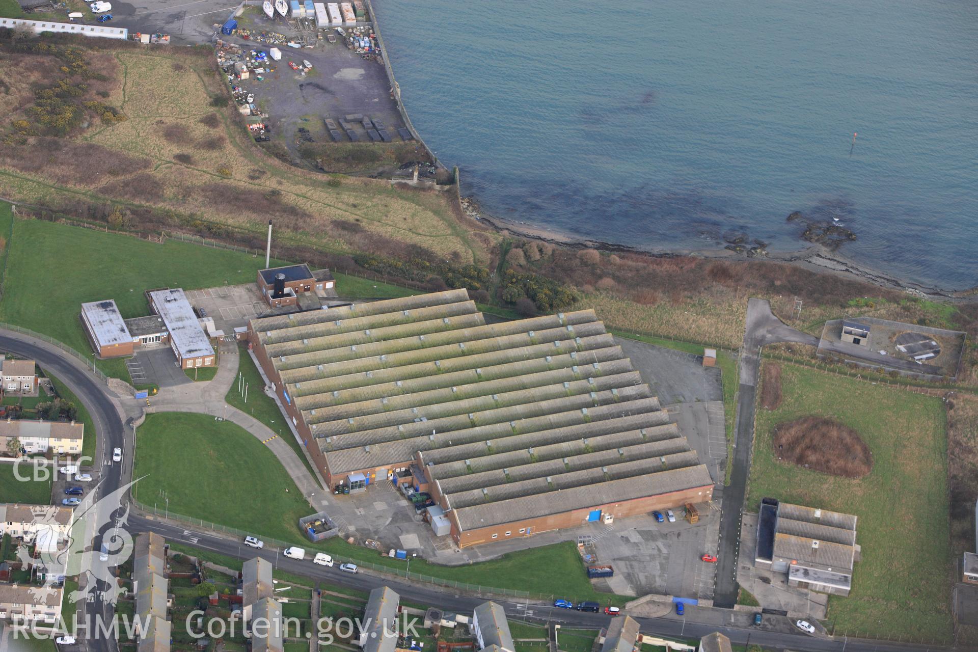 RCAHMW colour oblique photograph of Holyhead, Ffordd Beibio industrial estate. Taken by Toby Driver on 13/01/2012.