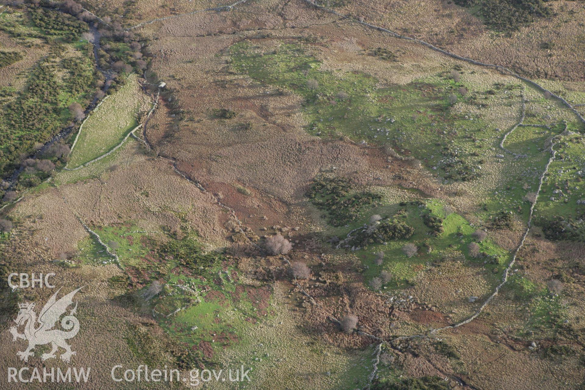 RCAHMW colour oblique photograph of Hafod y Garreg deserted rural settlement. Taken by Toby Driver on 13/01/2012.