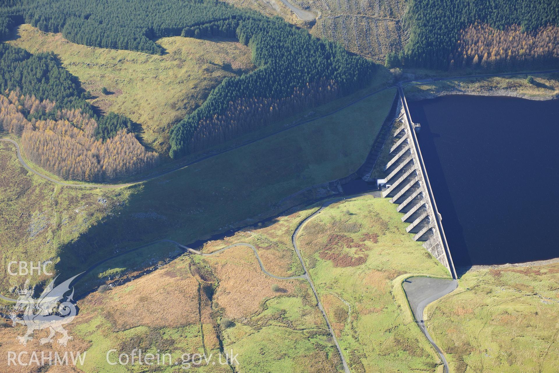 RCAHMW colour oblique photograph of Nant y Moch Reservoir, dam. Taken by Toby Driver on 05/11/2012.