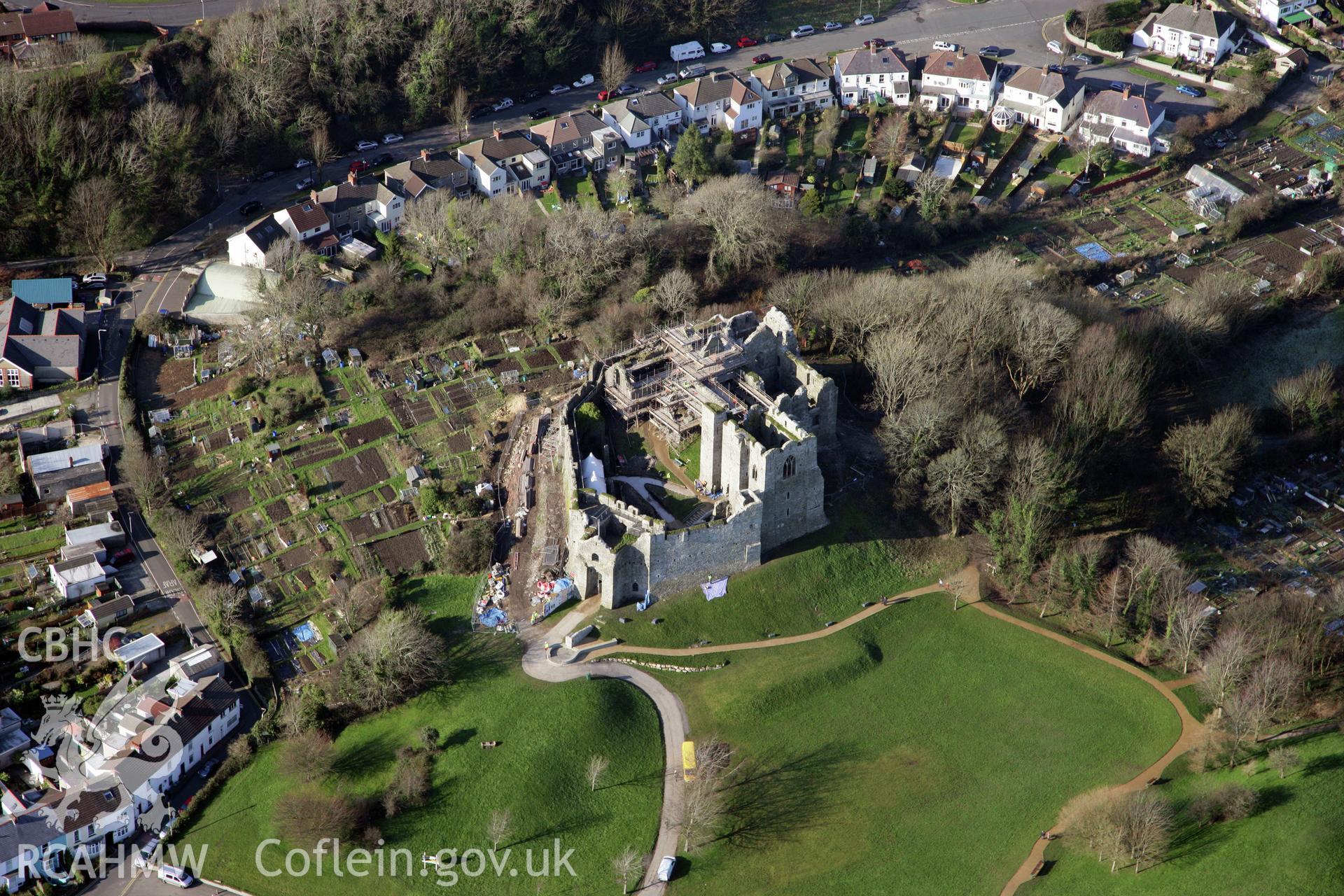 RCAHMW colour oblique photograph of Oystermouth Castle, during renovation work. Taken by Toby Driver on 02/02/2012.