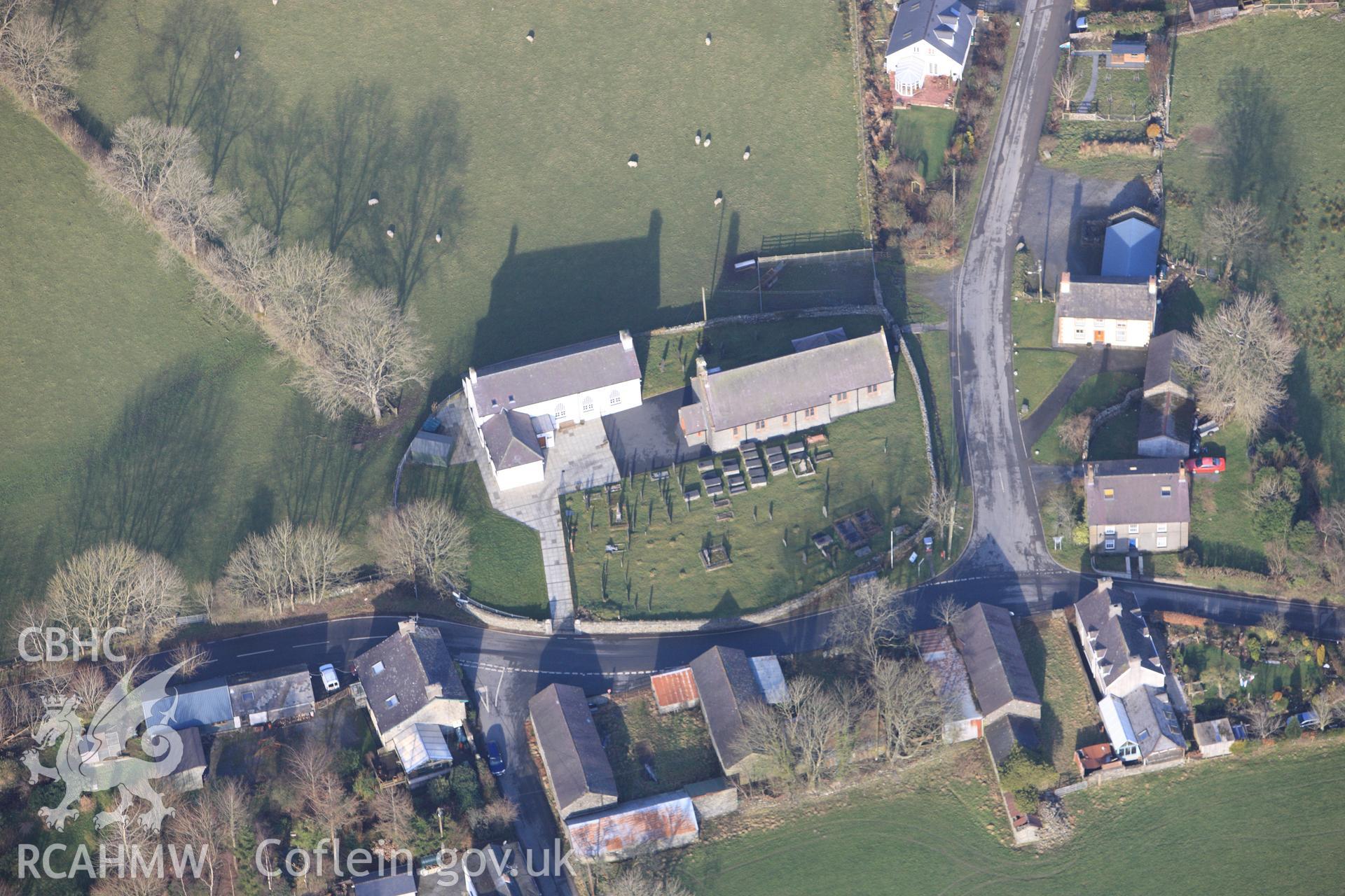 RCAHMW colour oblique photograph of St John the Baptist Church, Ystrad Meurig. Taken by Toby Driver on 07/02/2012.