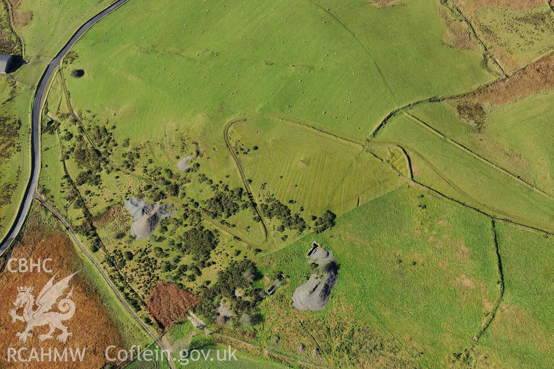 RCAHMW colour oblique photograph of Penlan Fach mine, and old cultivation ridges.  Taken by Toby Driver on 05/11/2012.