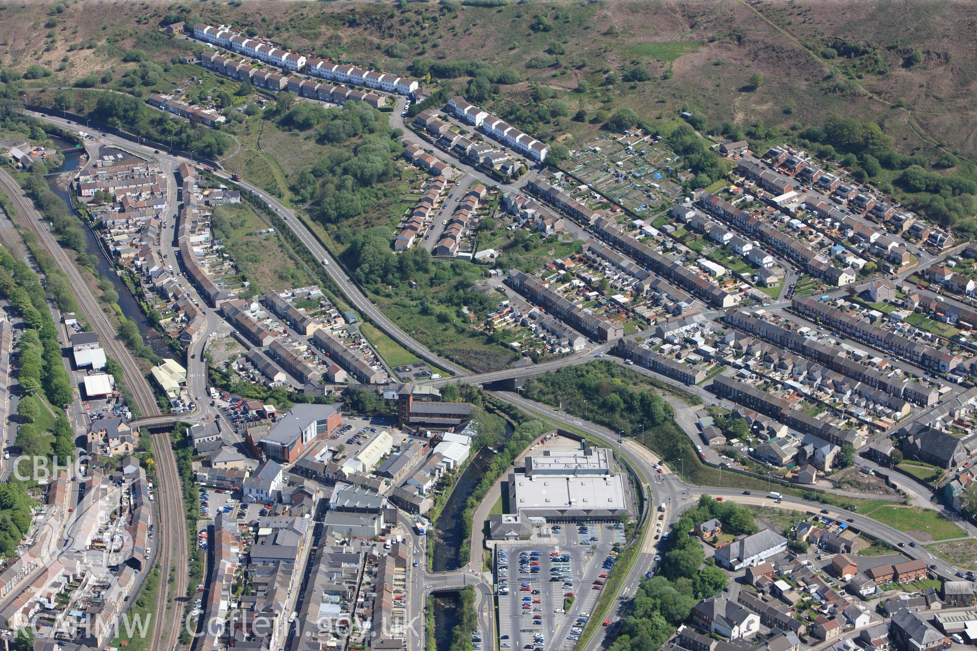 RCAHMW colour oblique photograph of Porth townscape, looking south-east. Taken by Toby Driver on 22/05/2012.