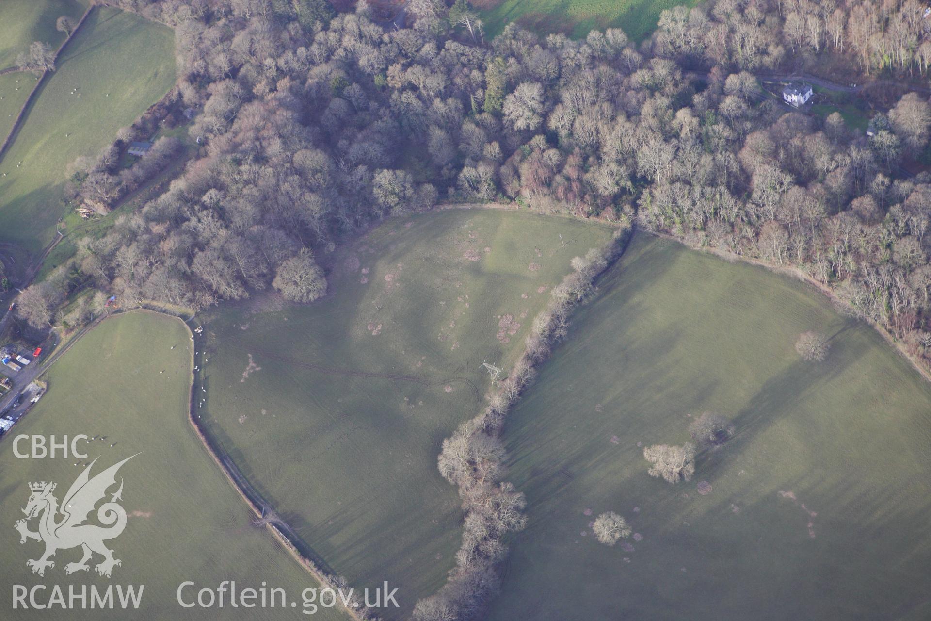 RCAHMW colour oblique photograph of Nanteos Lodge, earthworks to south of. Probably non-archaeological. Taken by Toby Driver on 07/02/2012.