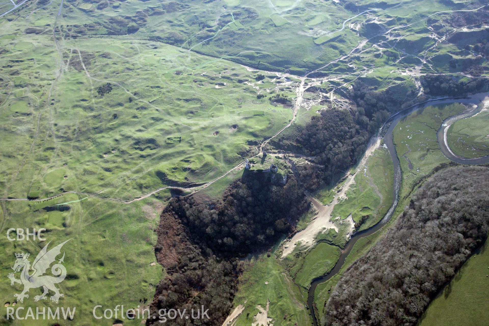 RCAHMW colour oblique photograph of Pennard deserted settlement and Pennard castle and church. Taken by Toby Driver on 02/02/2012.