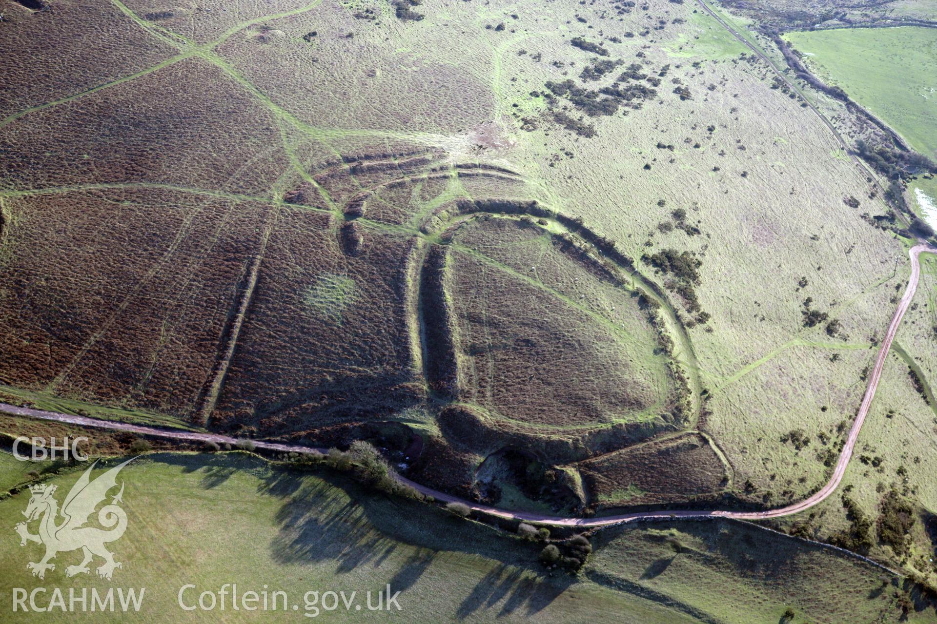 RCAHMW colour oblique photograph of Hardings Down, West Fort. Taken by Toby Driver on 02/02/2012.