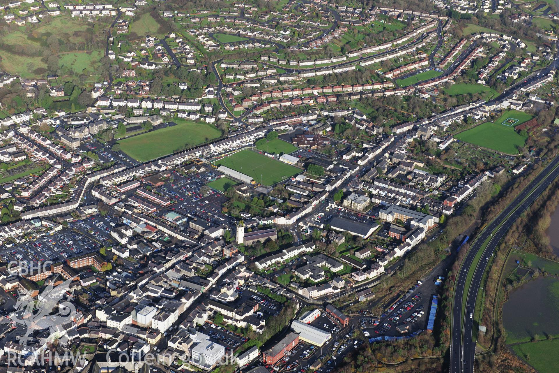 RCAHMW colour oblique photograph of Carmarthen Roman town, view from south. Taken by Toby Driver on 23/11/2012.