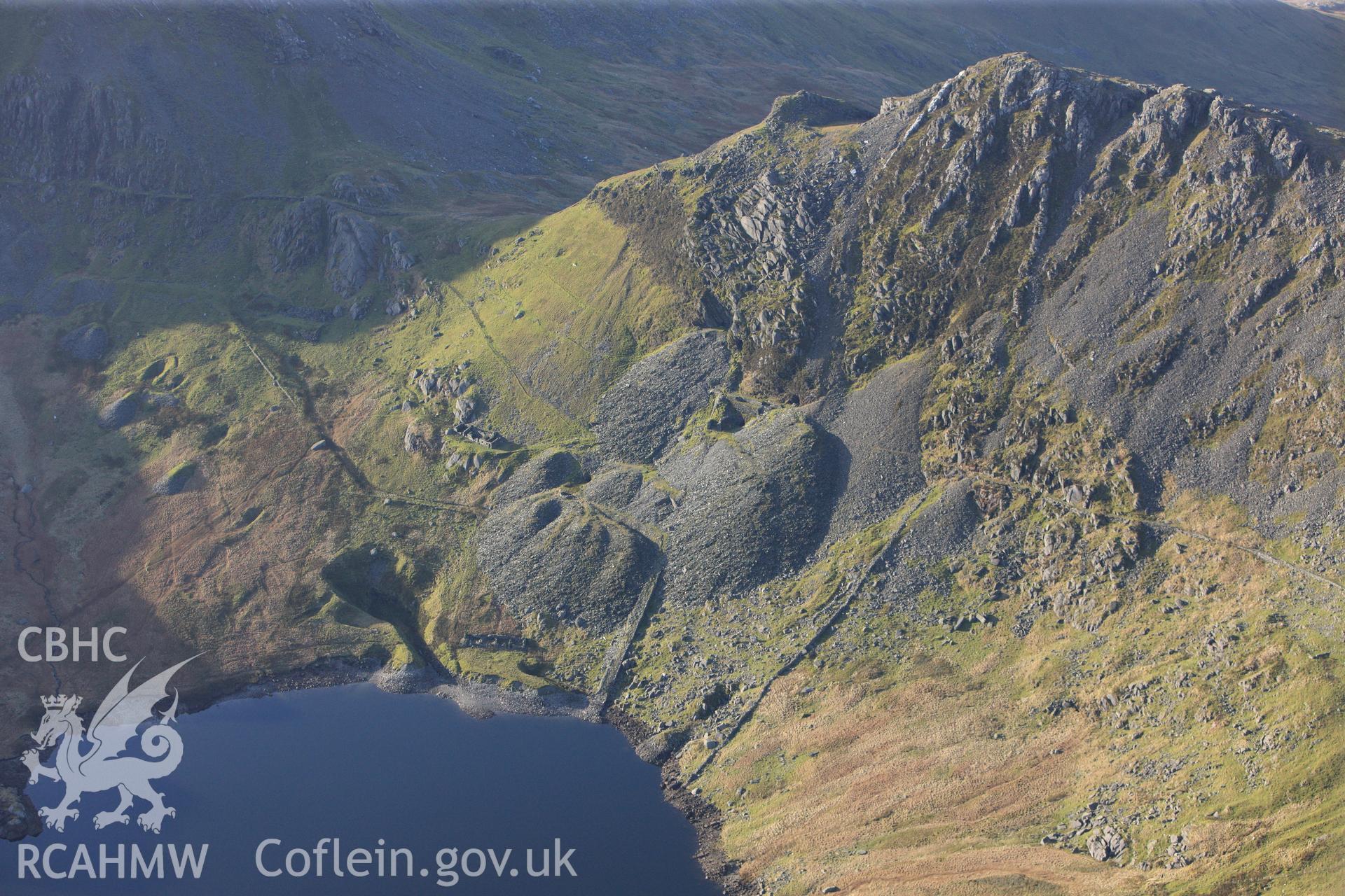 RCAHMW colour oblique photograph of Moelwyn Mawr slate quarry. Taken by Toby Driver on 13/01/2012.