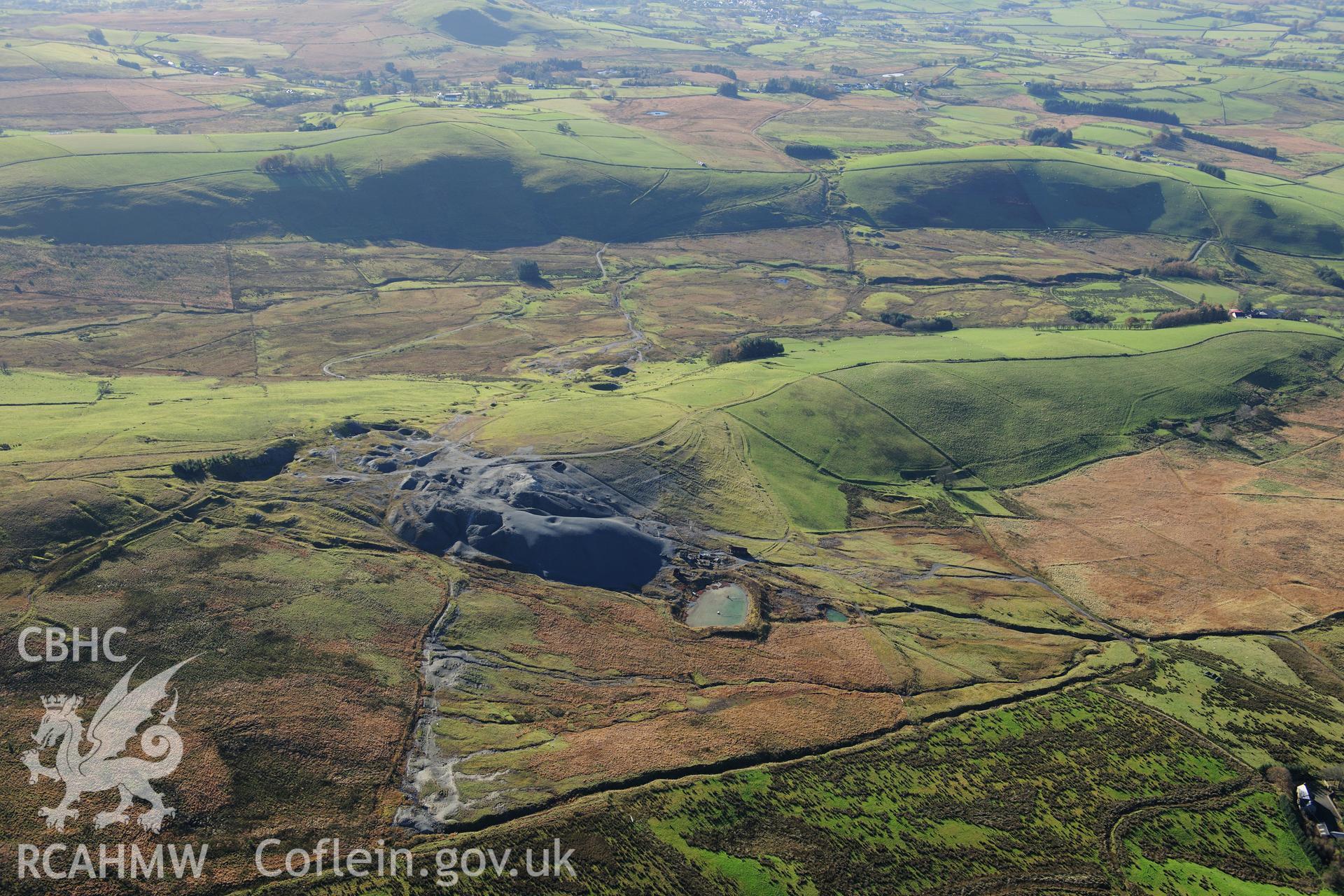 RCAHMW colour oblique photograph of Esgairmwyn lead mine, mine working complex. Taken by Toby Driver on 05/11/2012.