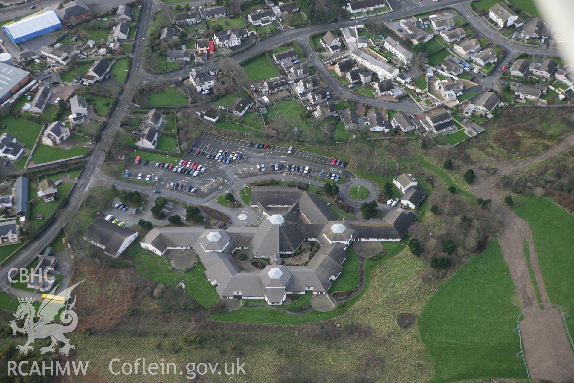 RCAHMW colour oblique photograph of Holyhead, town, view of hospital. Taken by Toby Driver on 13/01/2012.