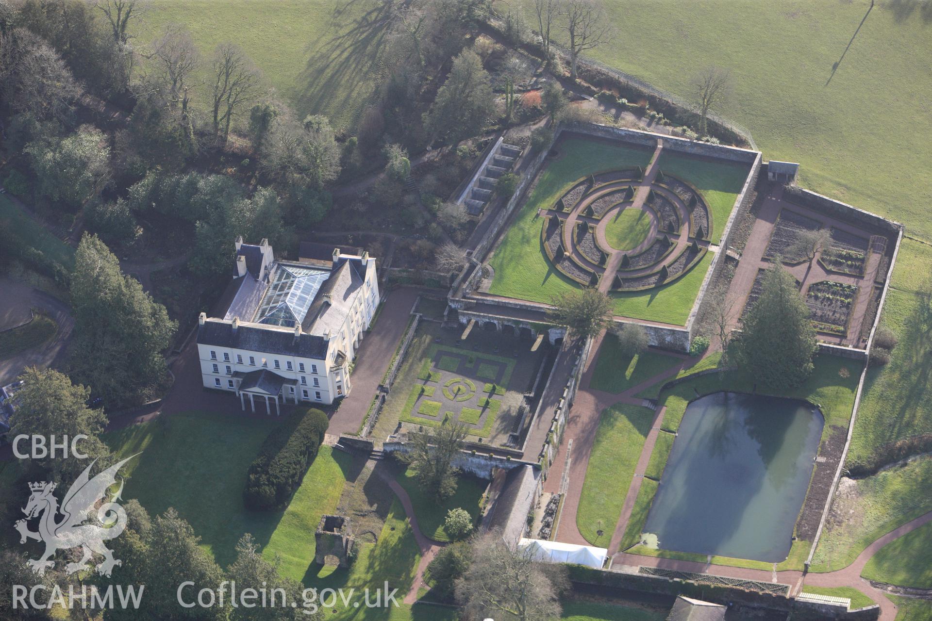 RCAHMW colour oblique photograph of Aberglasney House. Taken by Toby Driver on 27/01/2012.