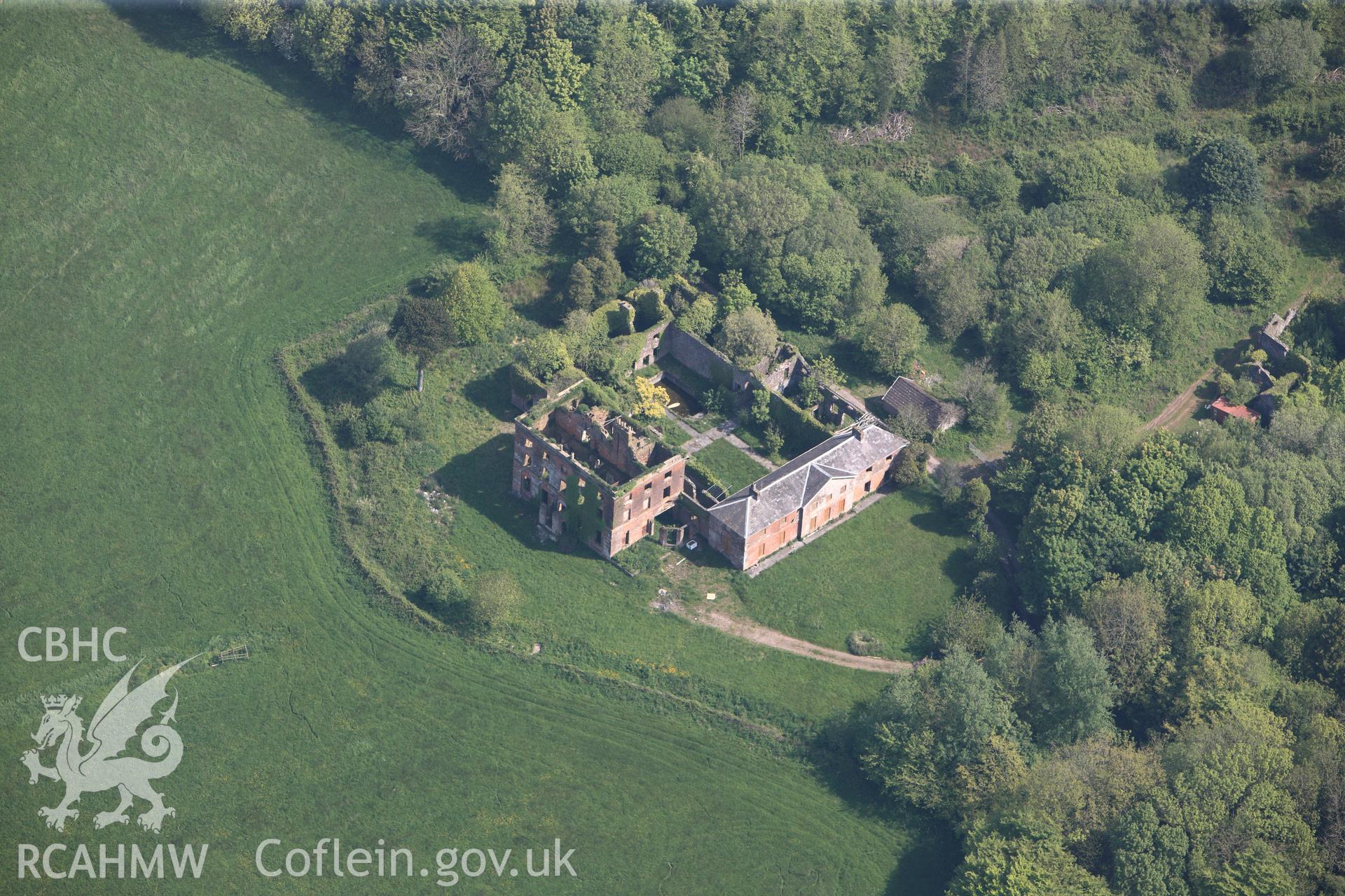 RCAHMW colour oblique photograph of General view of Iscoed park, gardens and house, looking north east. Taken by Toby Driver on 24/05/2012.