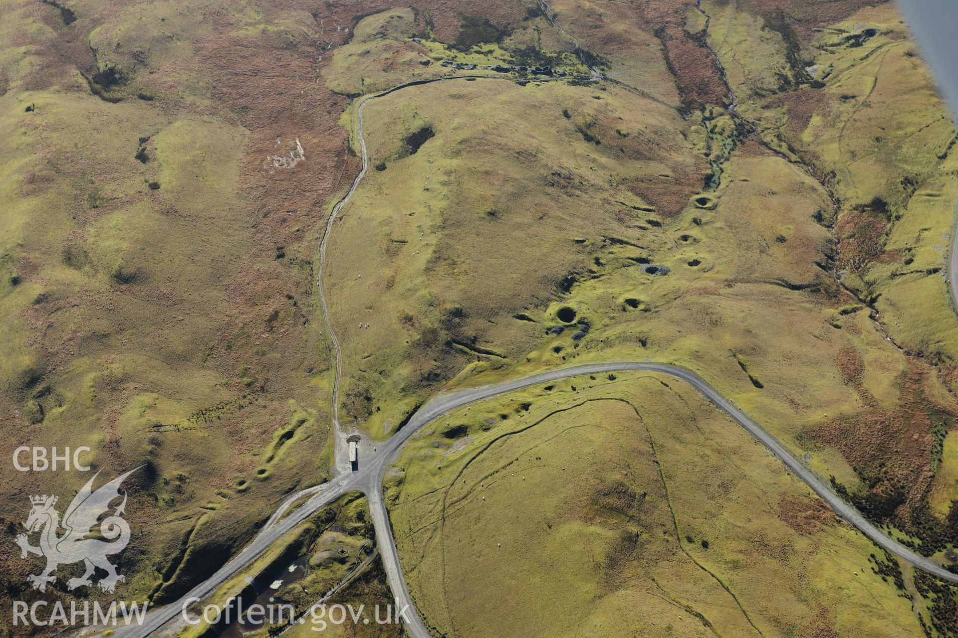 RCAHMW colour oblique photograph of Esgair Hir Lead Mine, shafts to west of mine complex. Taken by Toby Driver on 05/11/2012.