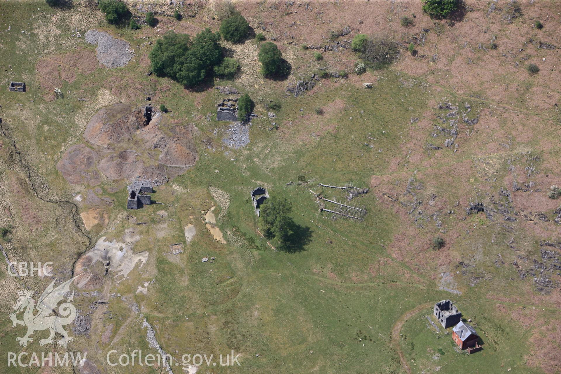 RCAHMW colour oblique photograph of Cwm Elan Lead Mine. Taken by Toby Driver on 28/05/2012.