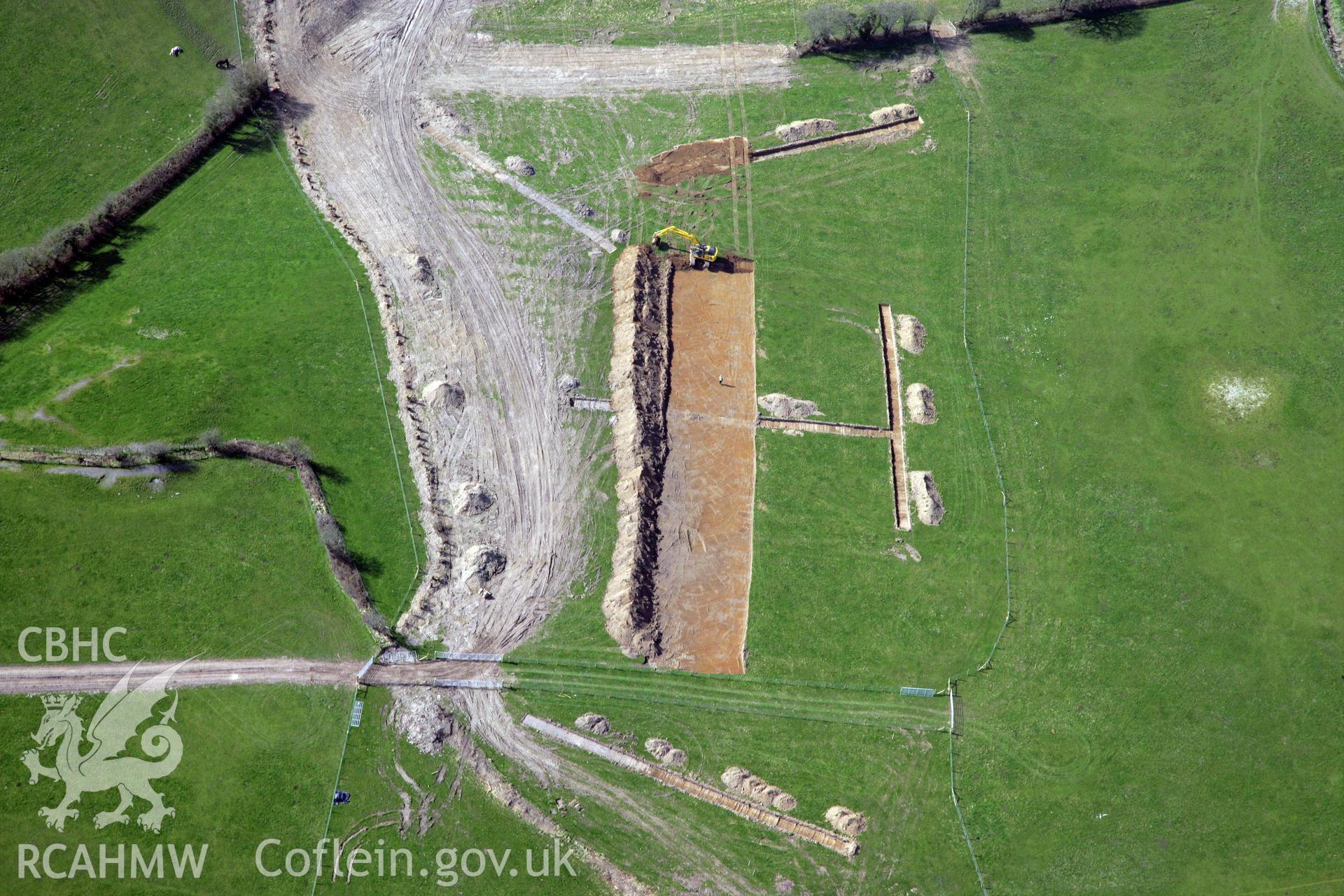 RCAHMW colour oblique photograph of A477 Bypass, Llanddowror; excavations near Castell Llanddowror. Taken by Toby Driver and Oliver Davies on 28/03/2012.