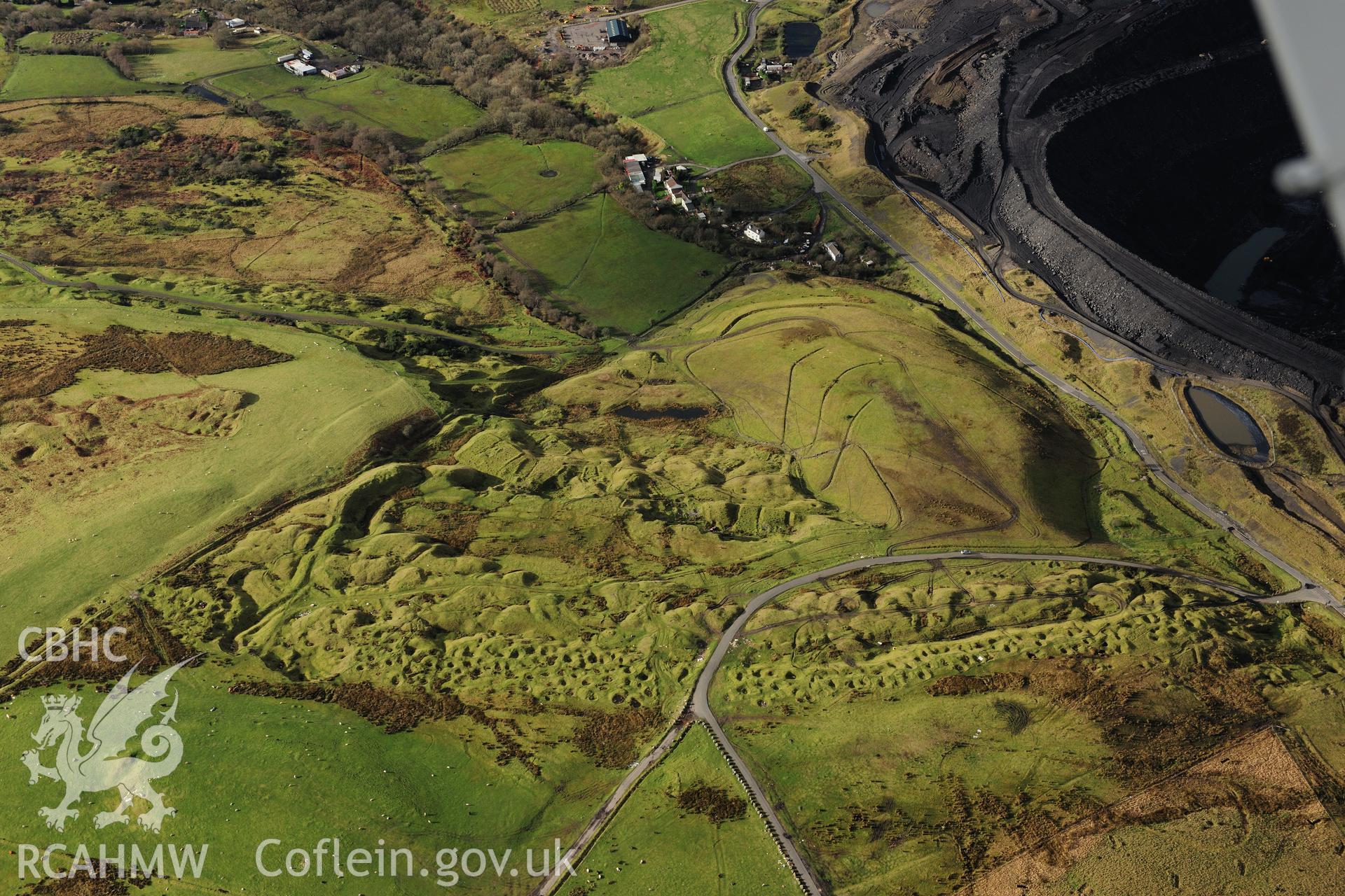 RCAHMW colour oblique photograph of Ffos y Fran ironstone worker's village. Taken by Toby Driver on 28/11/2012.