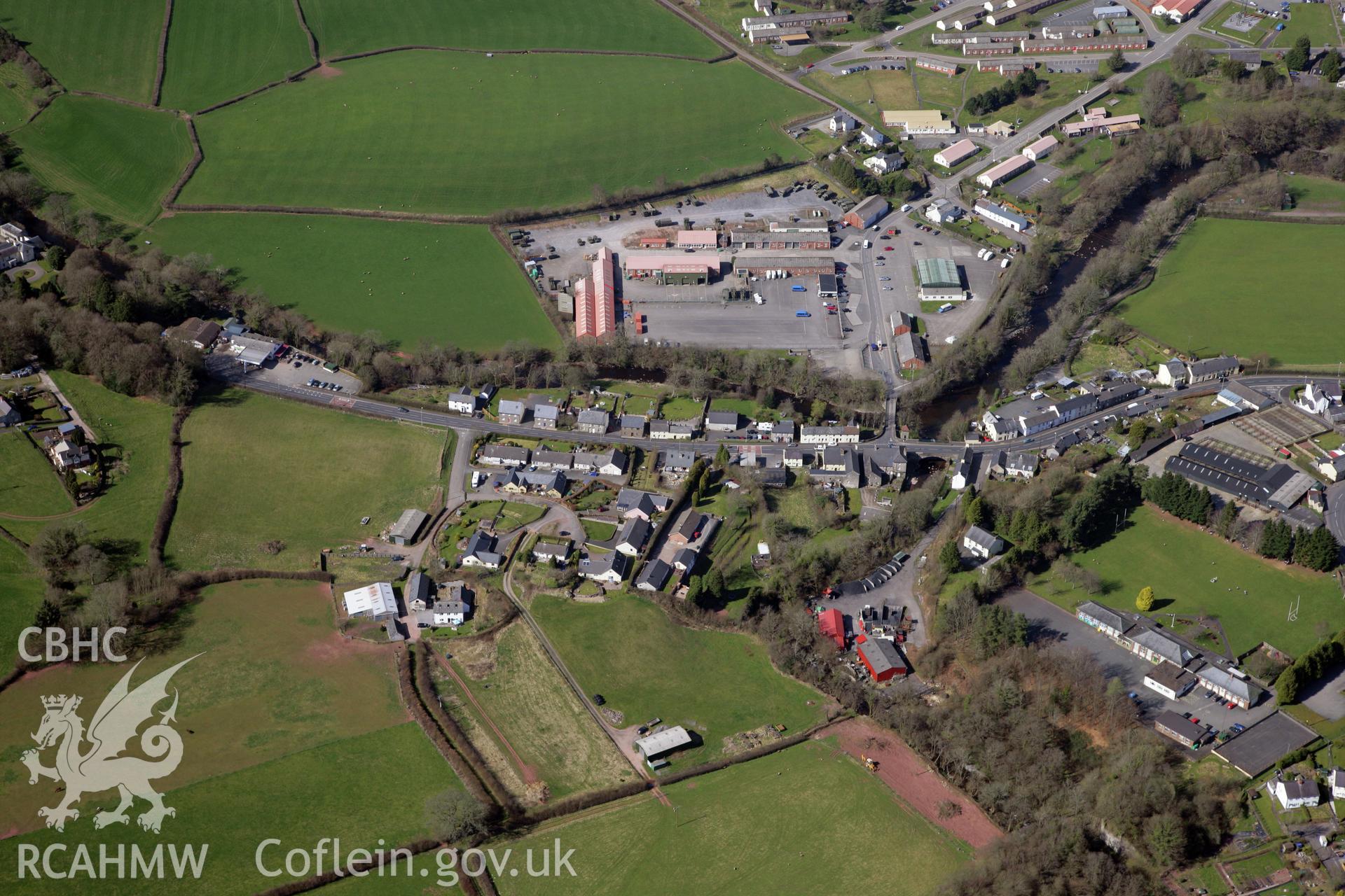 RCAHMW colour oblique photograph of Sennybridge Camp, and village. Taken by Toby Driver and Oliver Davies on 28/03/2012.