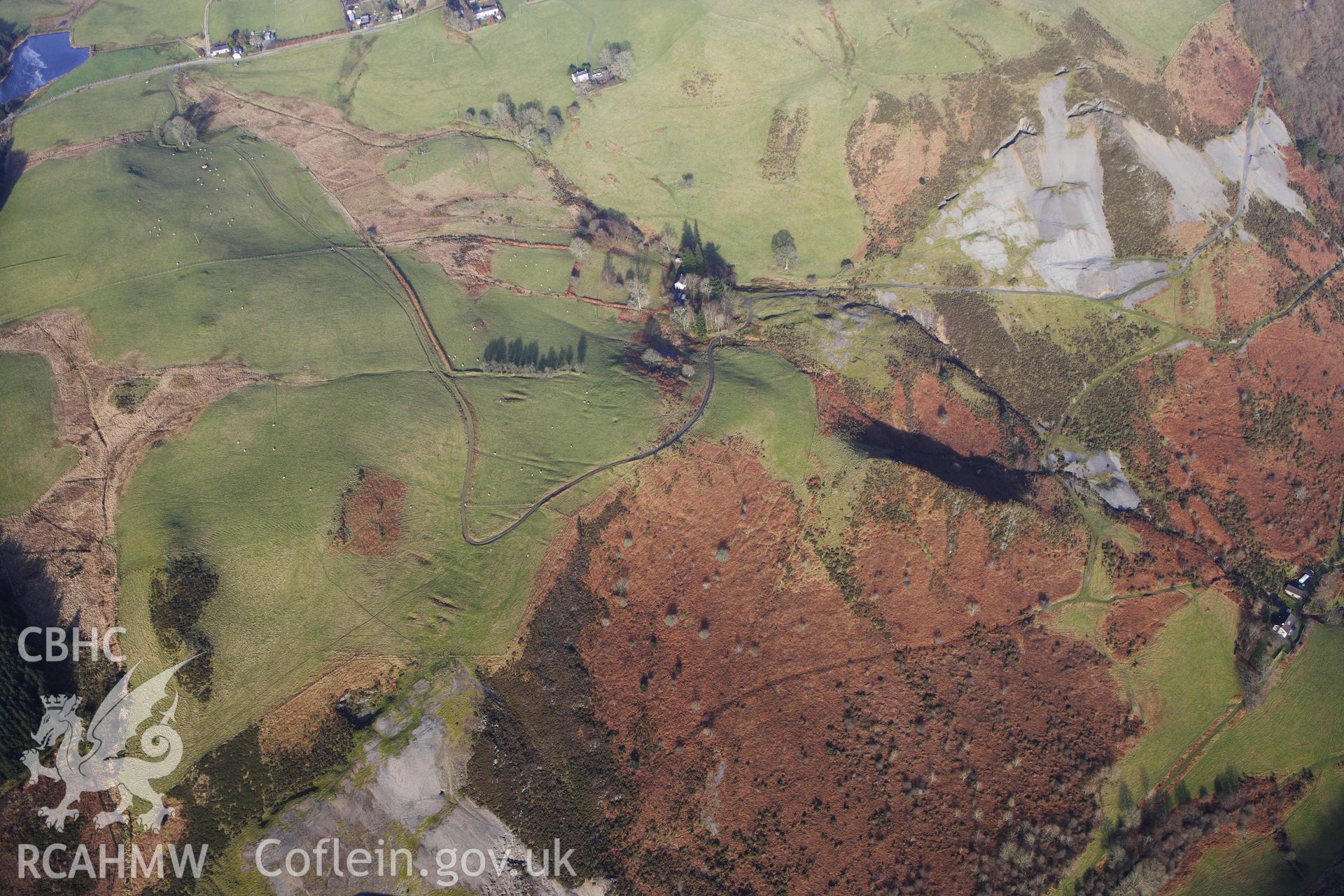 RCAHMW colour oblique photograph of Grogwynion Lead Mine, Brynystwyth. Taken by Toby Driver on 07/02/2012.