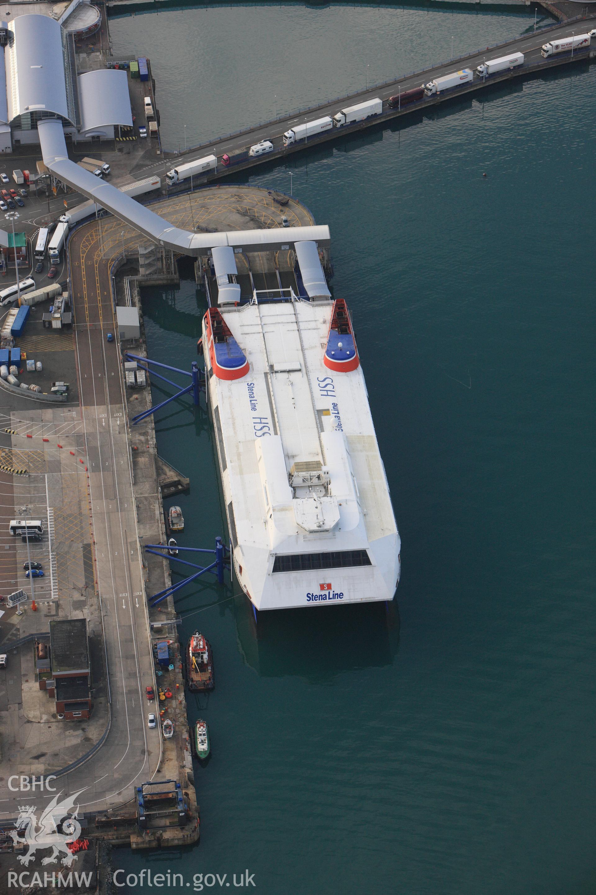 RCAHMW colour oblique photograph of Holyhead Harbour Ferry Terminal. Taken by Toby Driver on 13/01/2012.