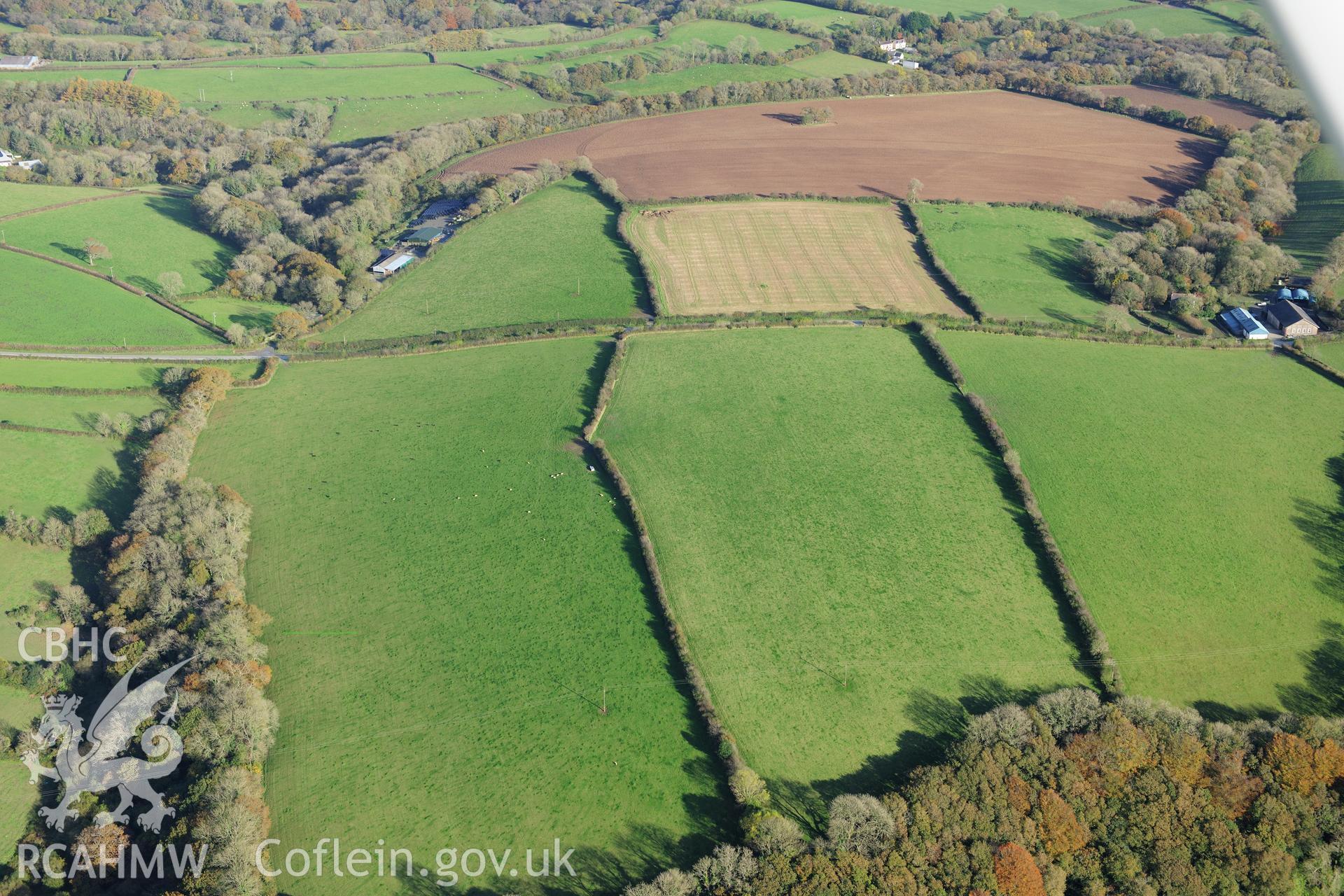 RCAHMW colour oblique photograph of Brechfa Enclosure. Taken by Toby Driver on 26/10/2012.