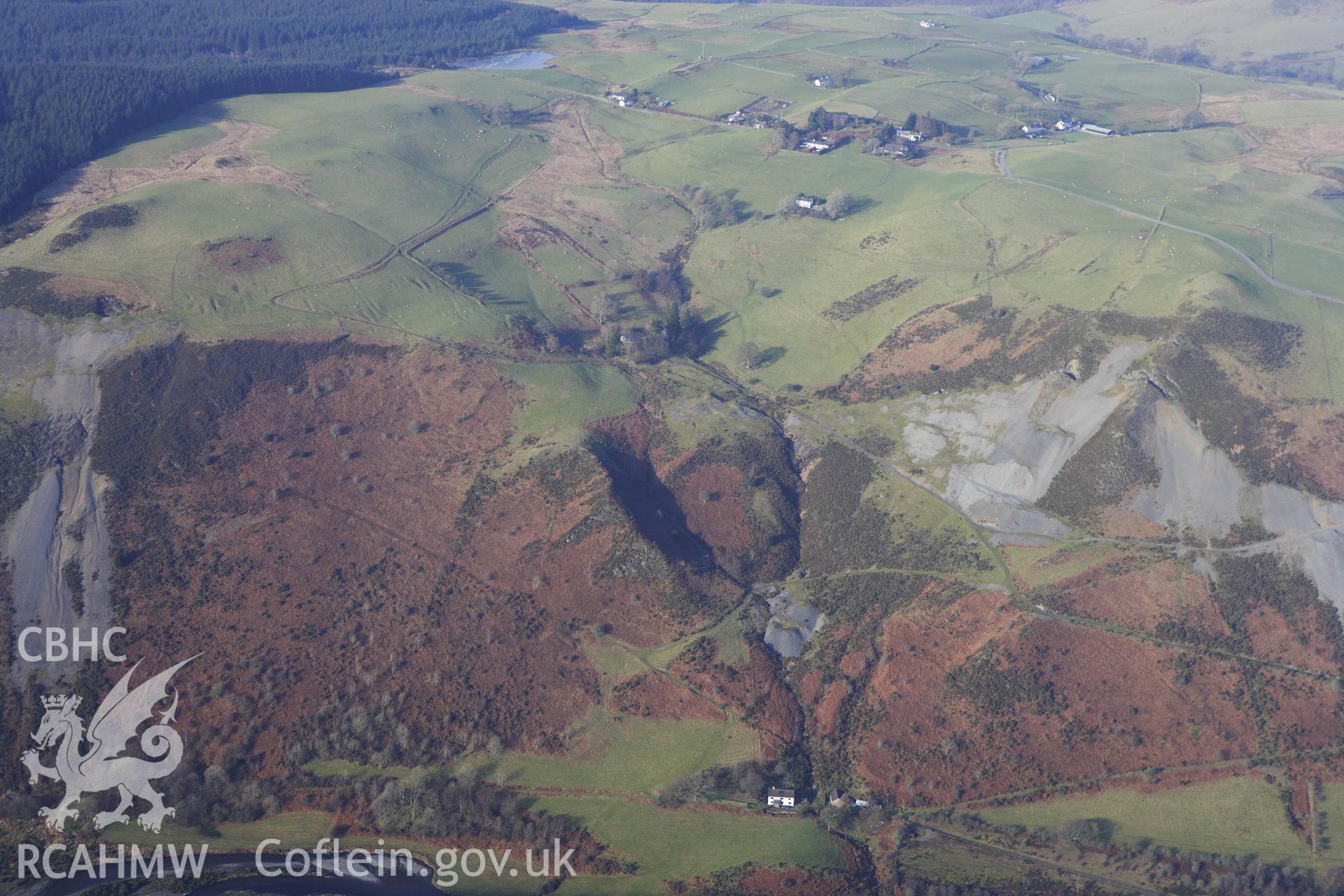 RCAHMW colour oblique photograph of Grogwynion Lead Mine, View from South over Ystwyth River. Taken by Toby Driver on 07/02/2012.