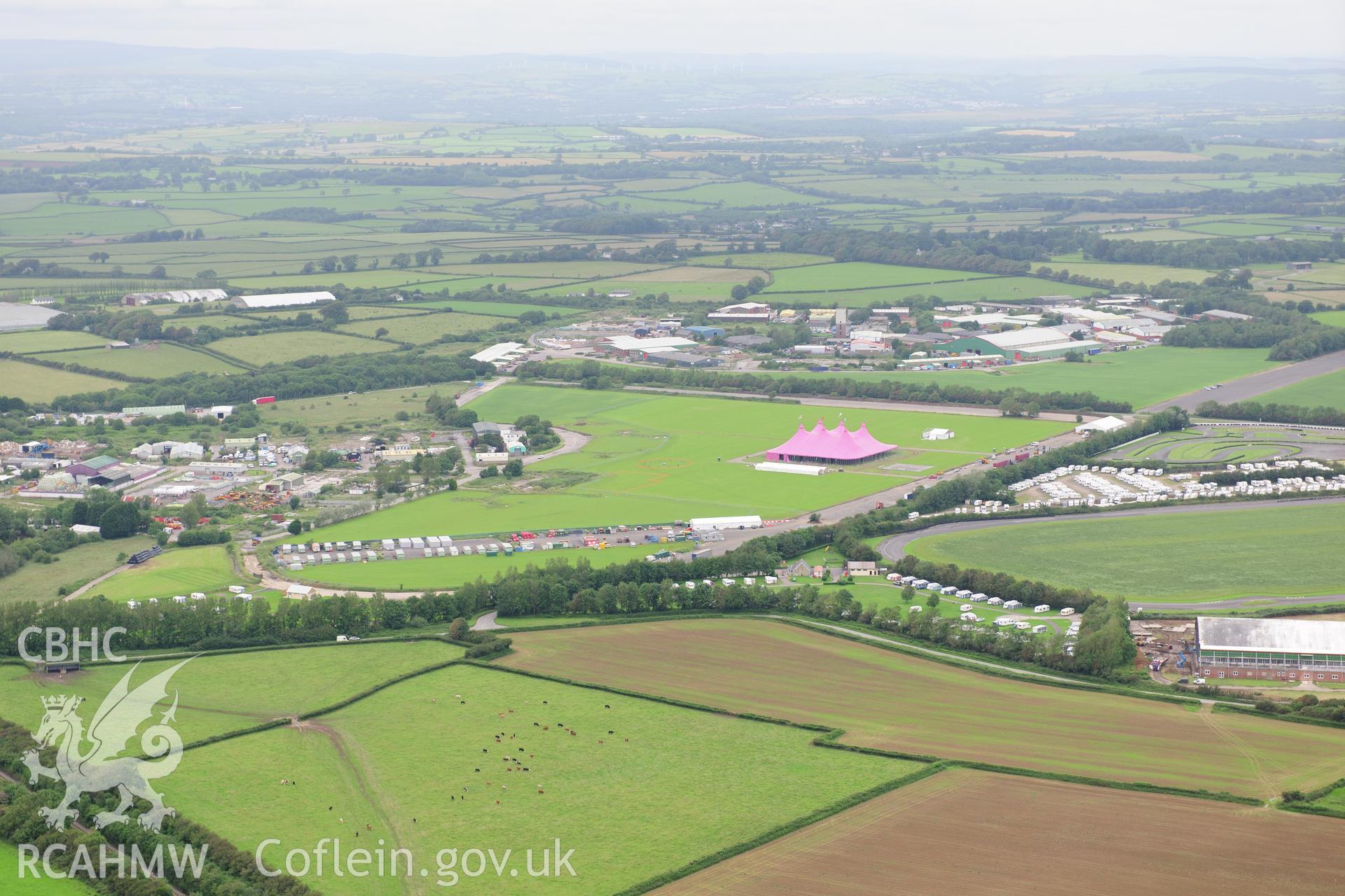 RCAHMW colour oblique photograph of Llandow Airfield 2012 National Eisteddfod. Taken by Toby Driver on 05/07/2012.