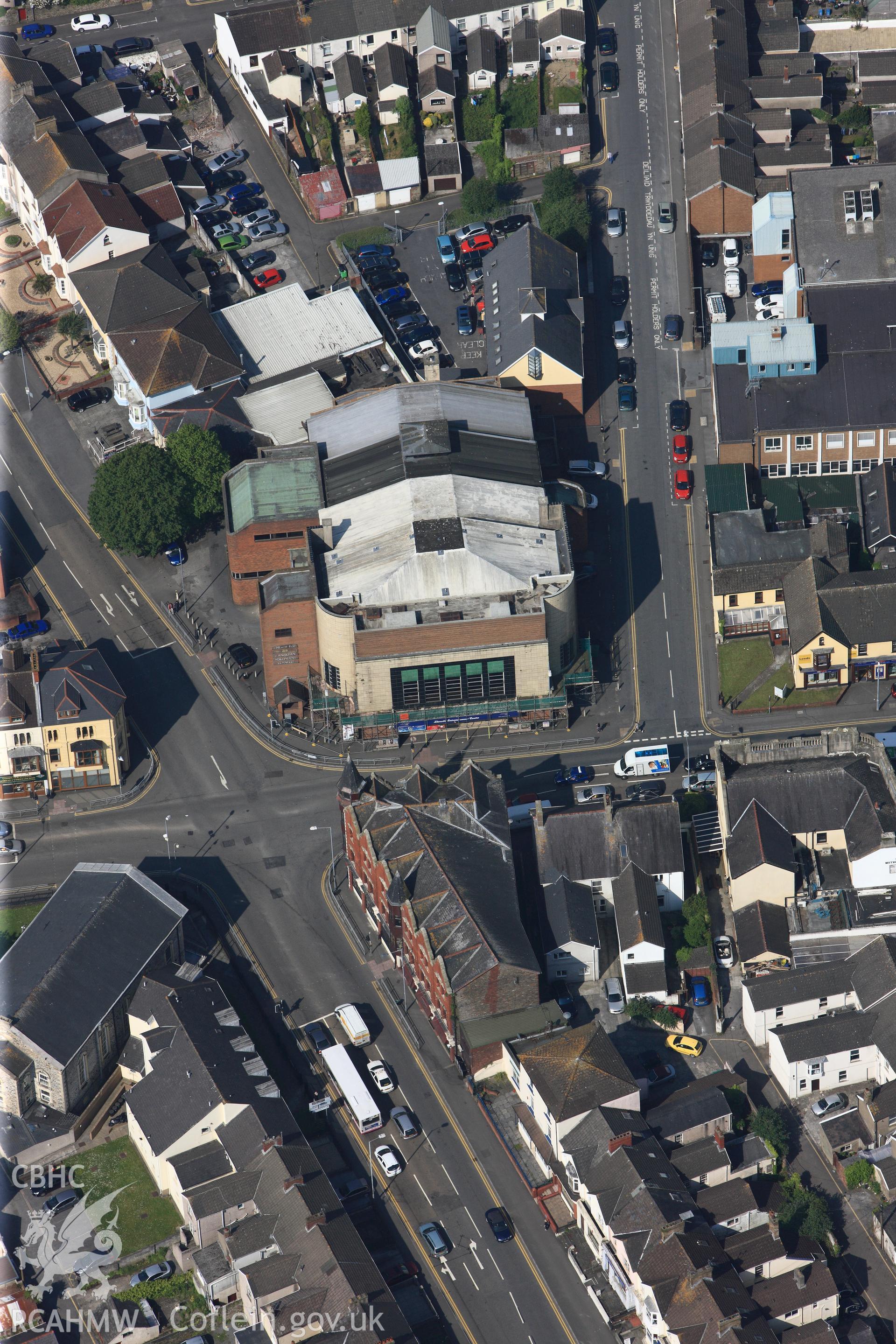 RCAHMW colour oblique photograph of Close view of Theatr Elli, looking west. Taken by Toby Driver on 24/05/2012.