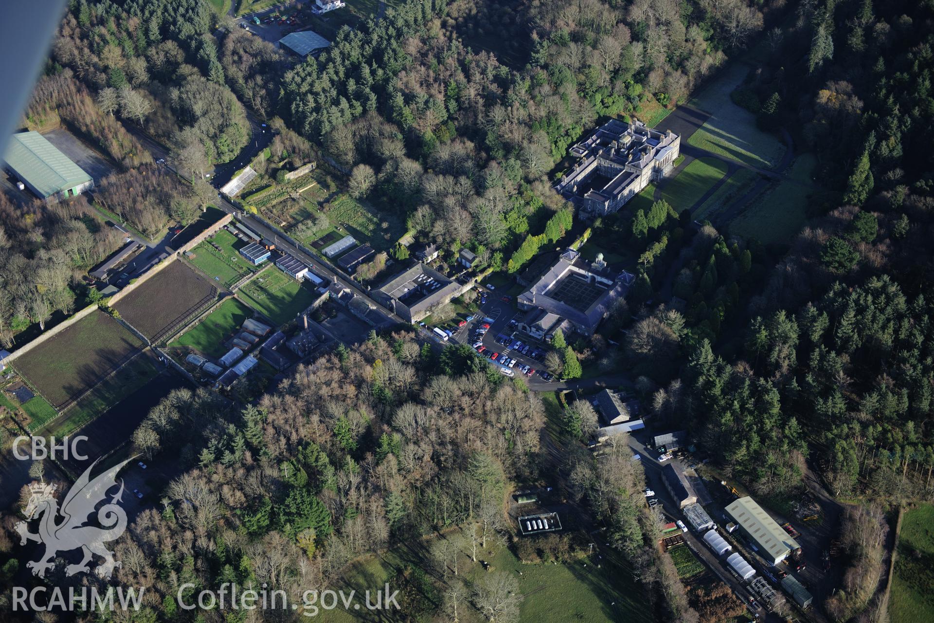 RCAHMW colour oblique photograph of Glynllifon mansion and estate, in winter sunlight. Taken by Toby Driver on 10/12/2012.