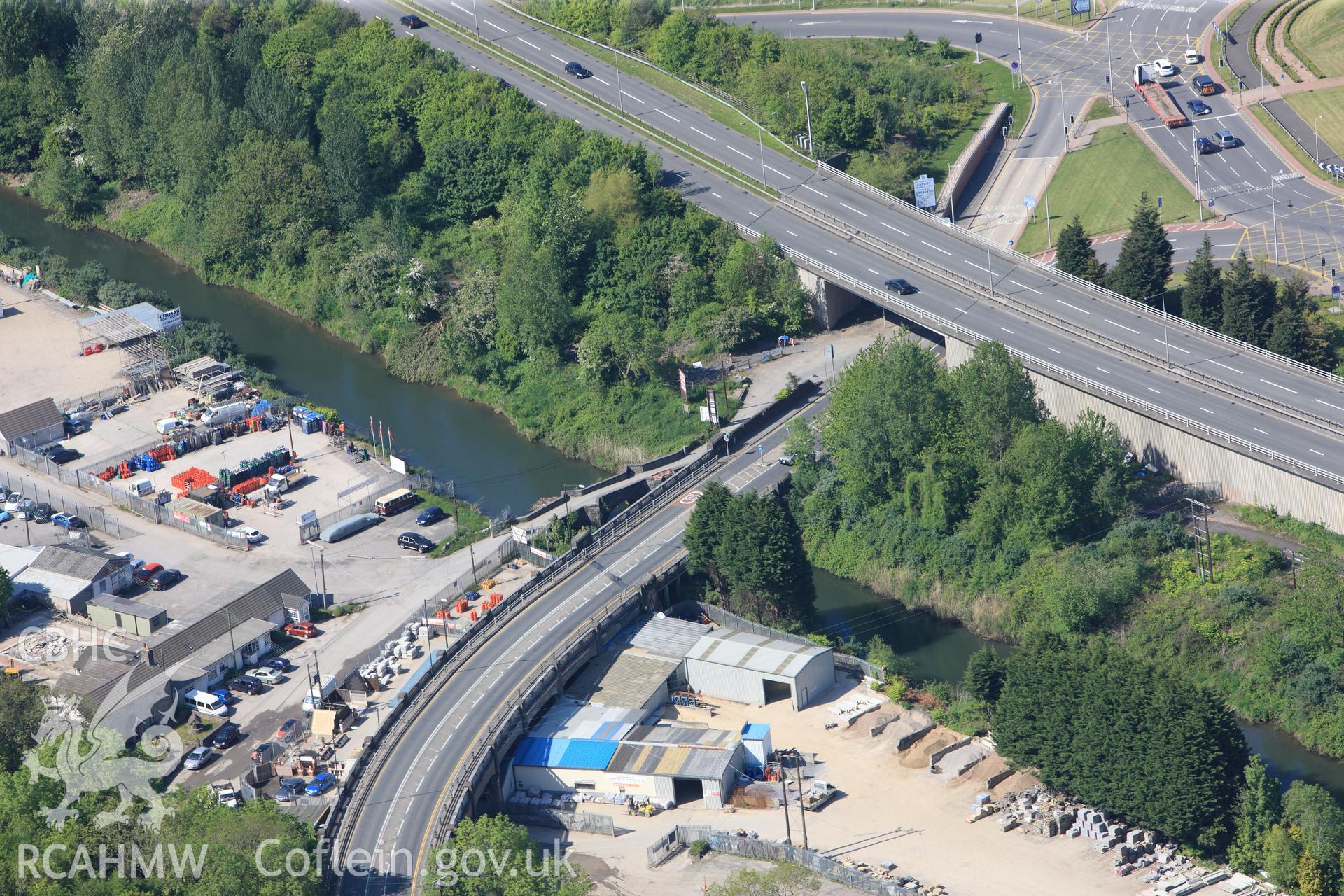 RCAHMW colour oblique photograph of Leckwith old bridge and Leckwith new bridge and viaduct, viewed from the south. Taken by Toby Driver on 22/05/2012.