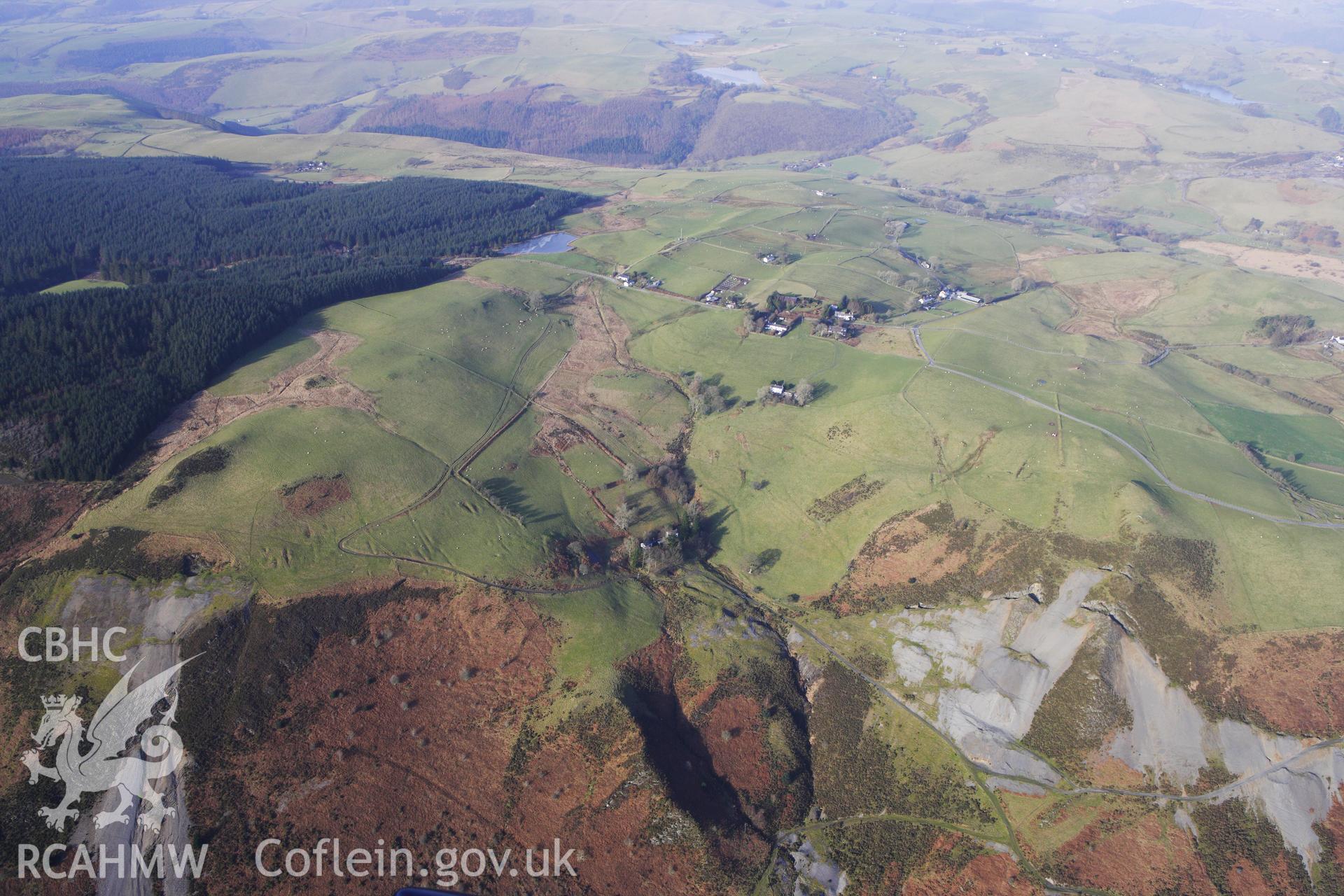 RCAHMW colour oblique photograph of Landscape looking North West from Grogwynion Lead Mine towards Brynafan. Taken by Toby Driver on 07/02/2012.